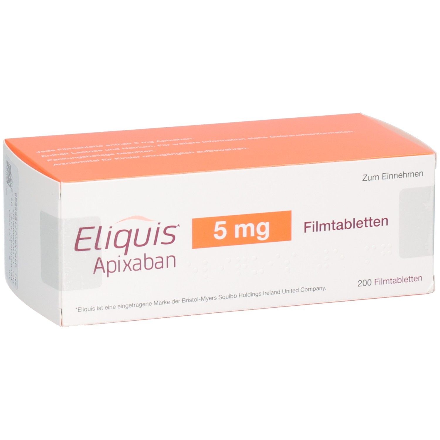Eliquis Apixaban 5 mg Filmtabletten Schachtel, 200 Stück.
