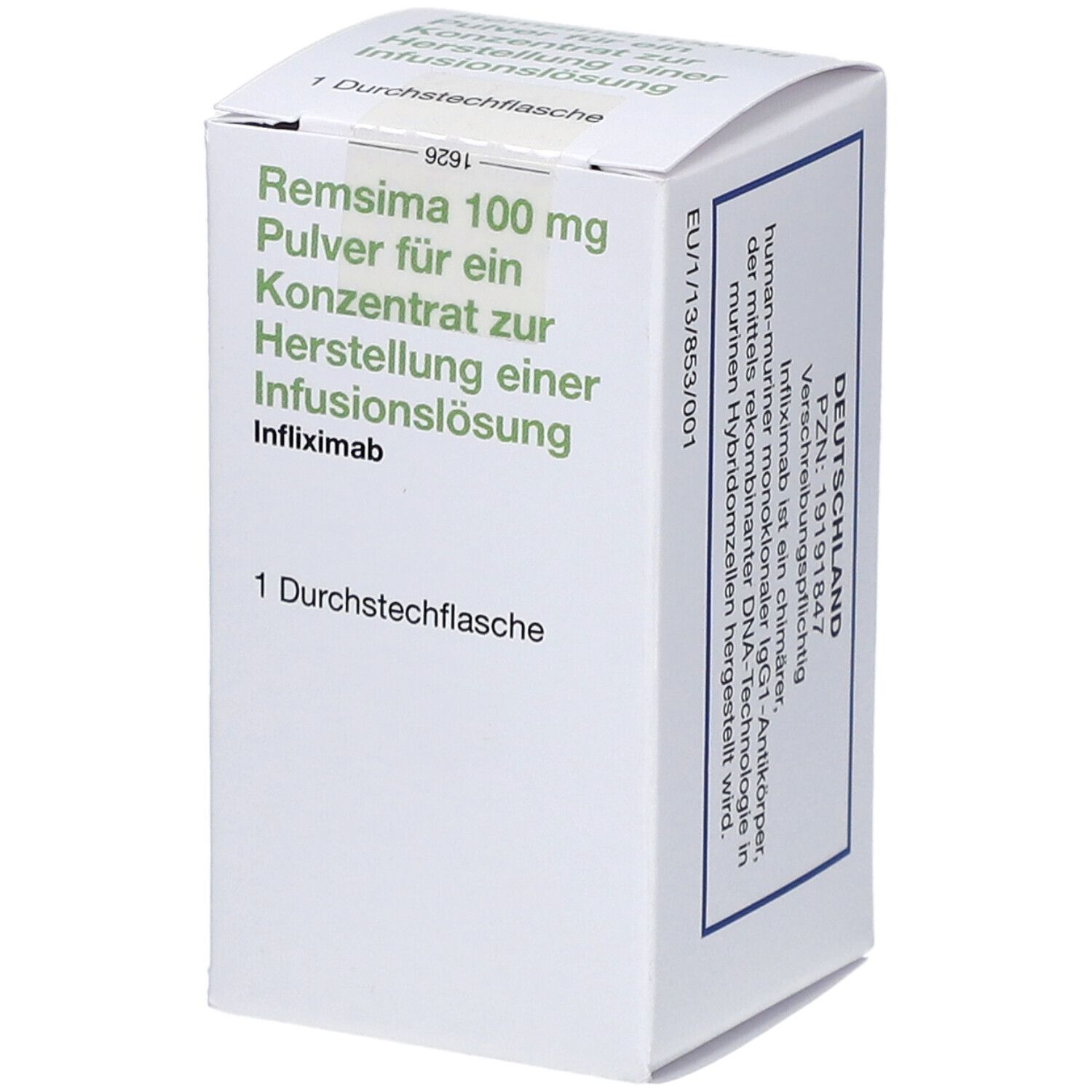 Schachtel mit Aufschrift Remsima 100 mg, Pulver für Infusionslösung. 1 Durchstechflasche.