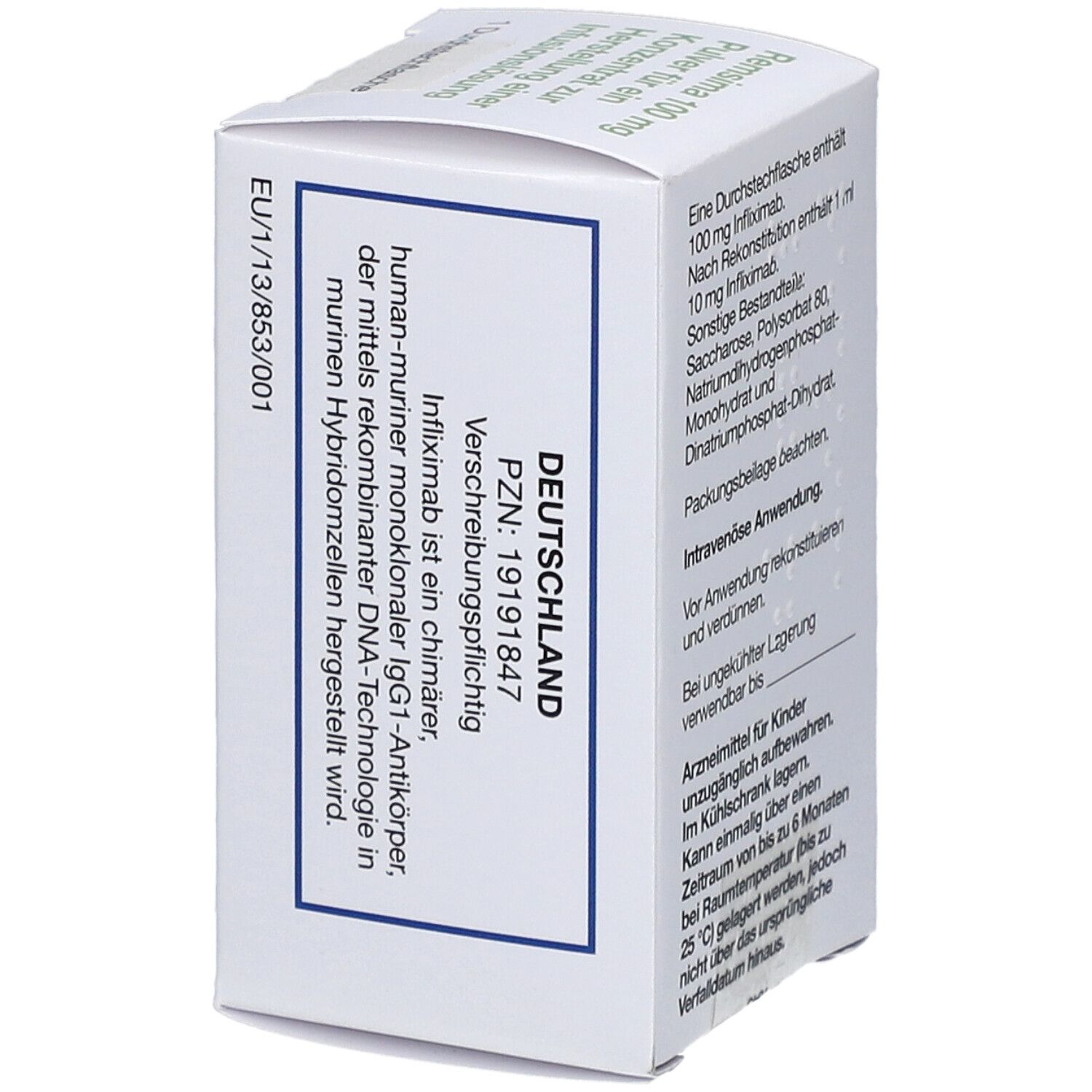 Schachtel mit Text: Remsima 100 mg, Pulver für Infusionslösung. Angaben zur Zusammensetzung und PZN.