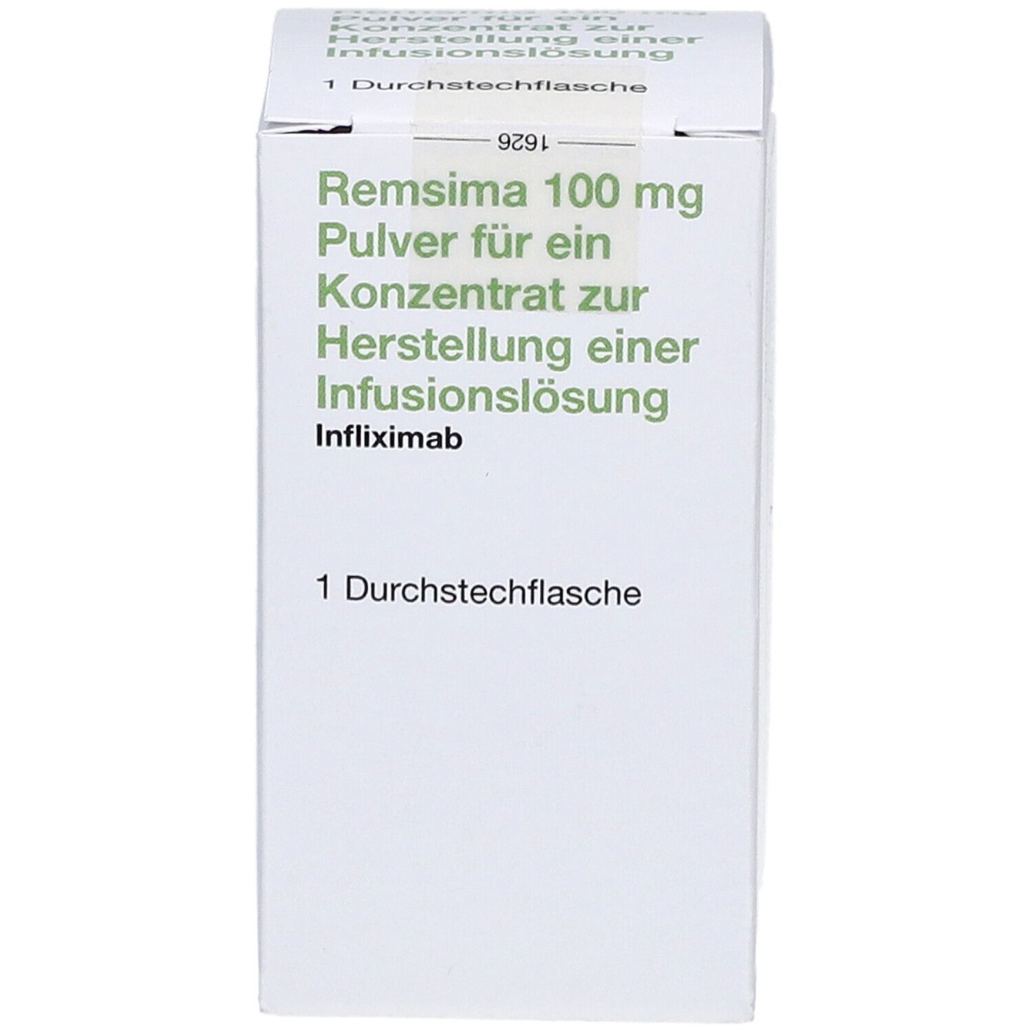 Schachtel mit Aufschrift Remsima 100 mg, Pulver für Infusionslösung. 1 Durchstechflasche.