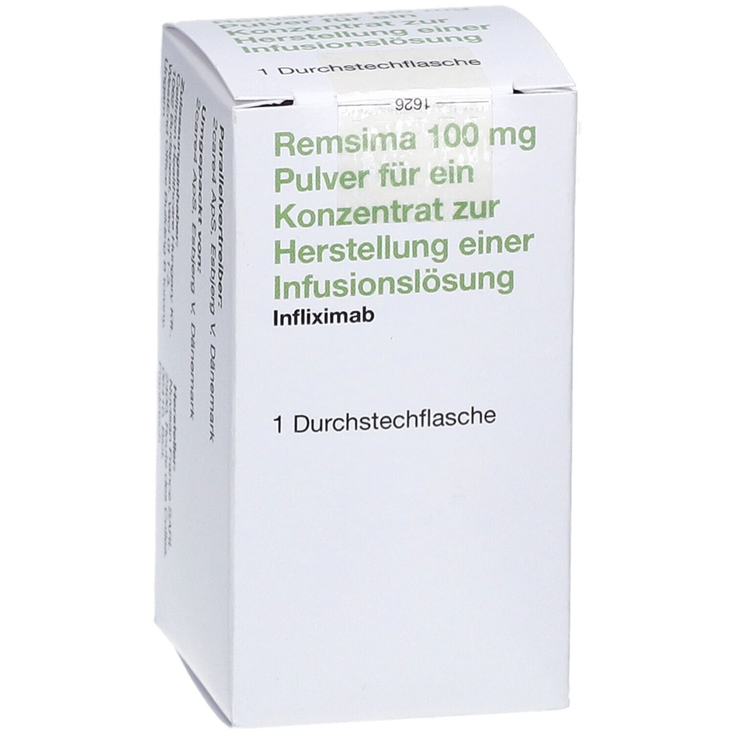Schachtel mit Aufschrift Remsima 100 mg, Pulver für Infusionslösung. 1 Durchstechflasche.