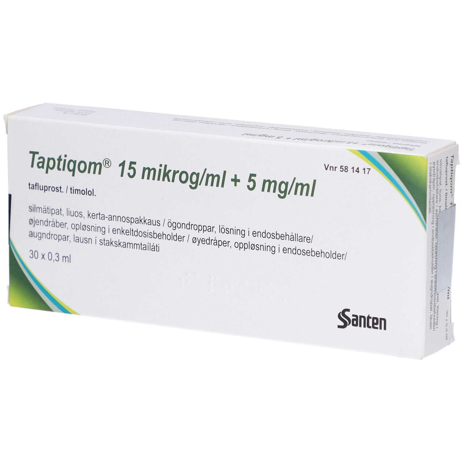 Verpackung von Taptiqom Augentropfen. Enthält 30 x 0,3 ml. Aufschrift: 15 mikrog/ml + 5 mg/ml. Marke: Santen.