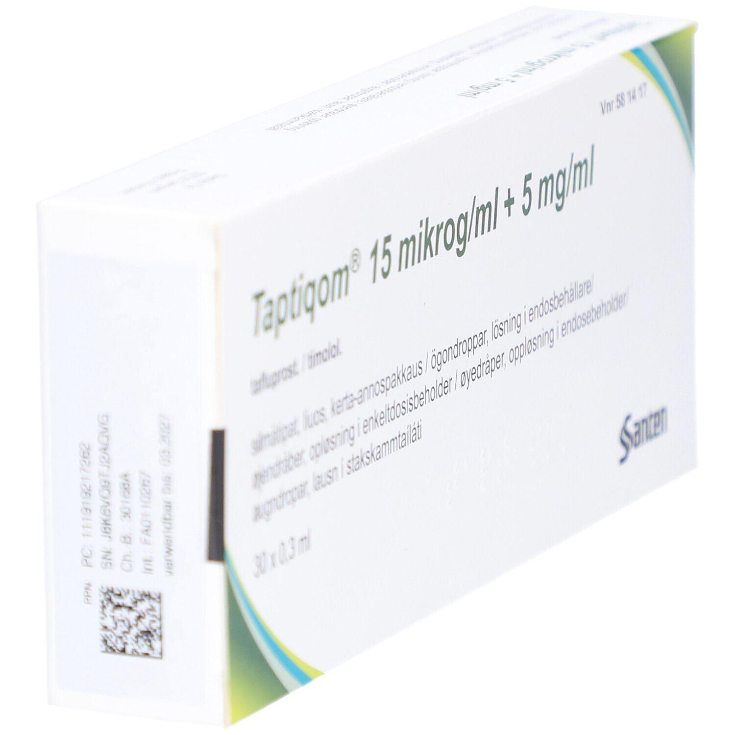 Schrägansicht der Taptiqom-Verpackung. Aufschrift: 15 mikrog/ml + 5 mg/ml. Marke: Santen. Enthält 30 x 0,3 ml.