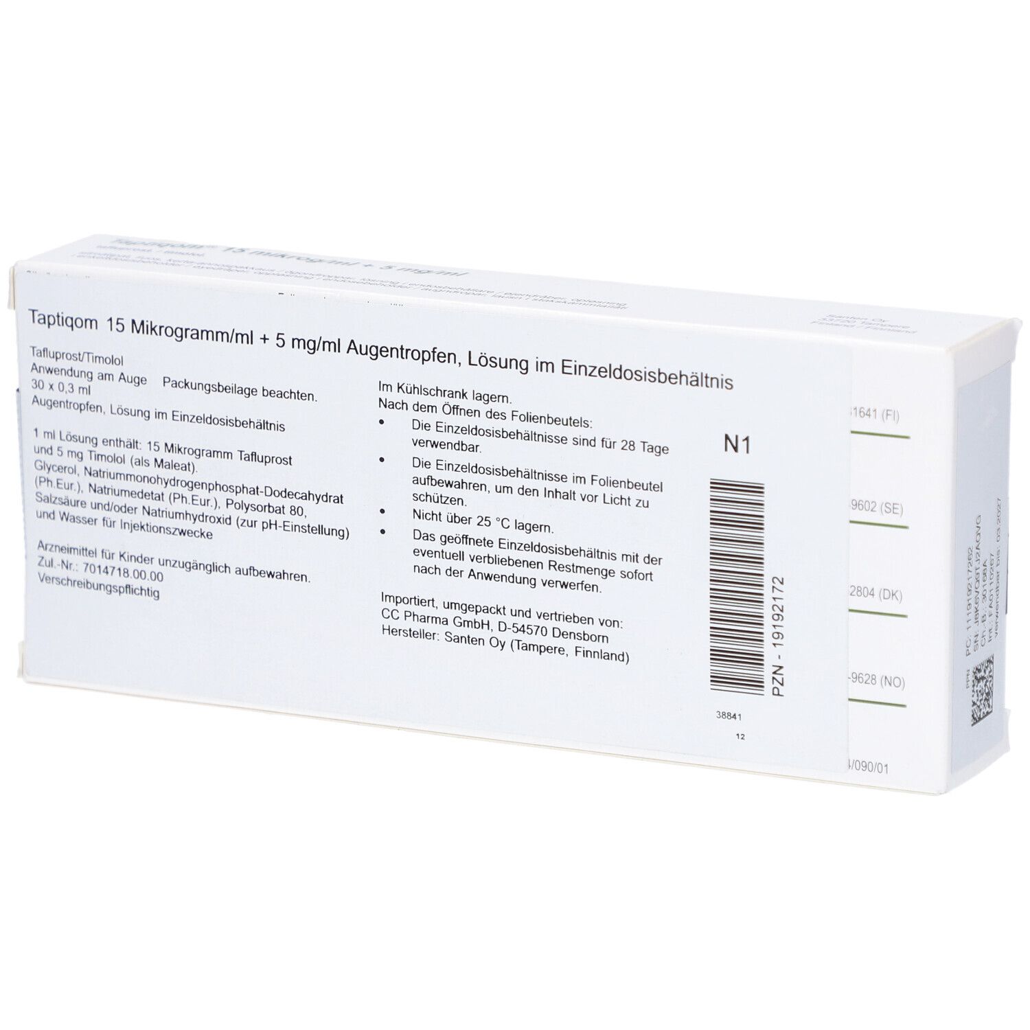 Rückseite der Taptiqom-Verpackung. Enthält Informationen und N1-Kennzeichnung. Text: 15 Mikrogramm/ml + 5 mg/ml Augentropfen.