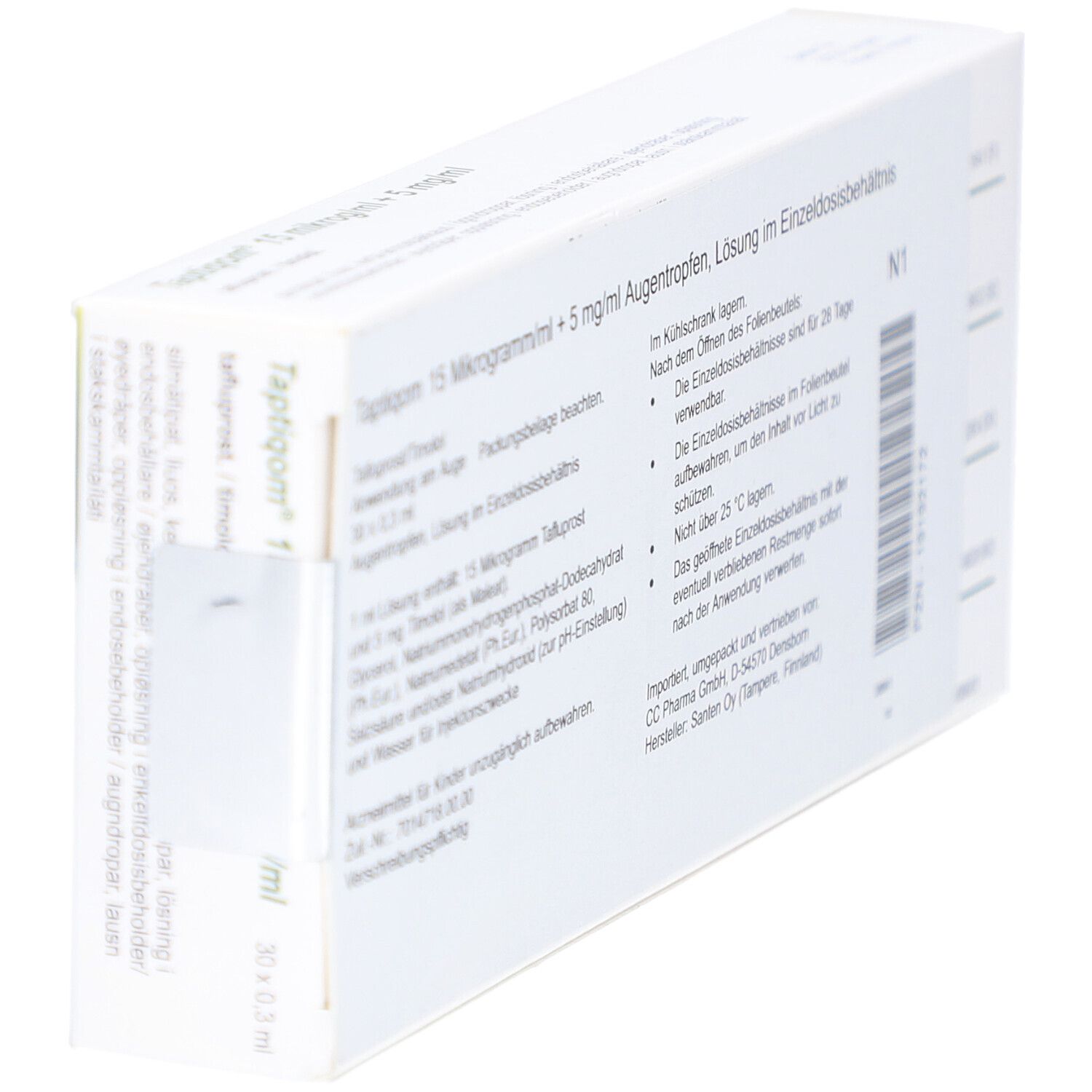 Schrägansicht der Rückseite der Taptiqom-Verpackung. Text: 15 Mikrogramm/ml + 5 mg/ml Augentropfen. N1-Kennzeichnung.