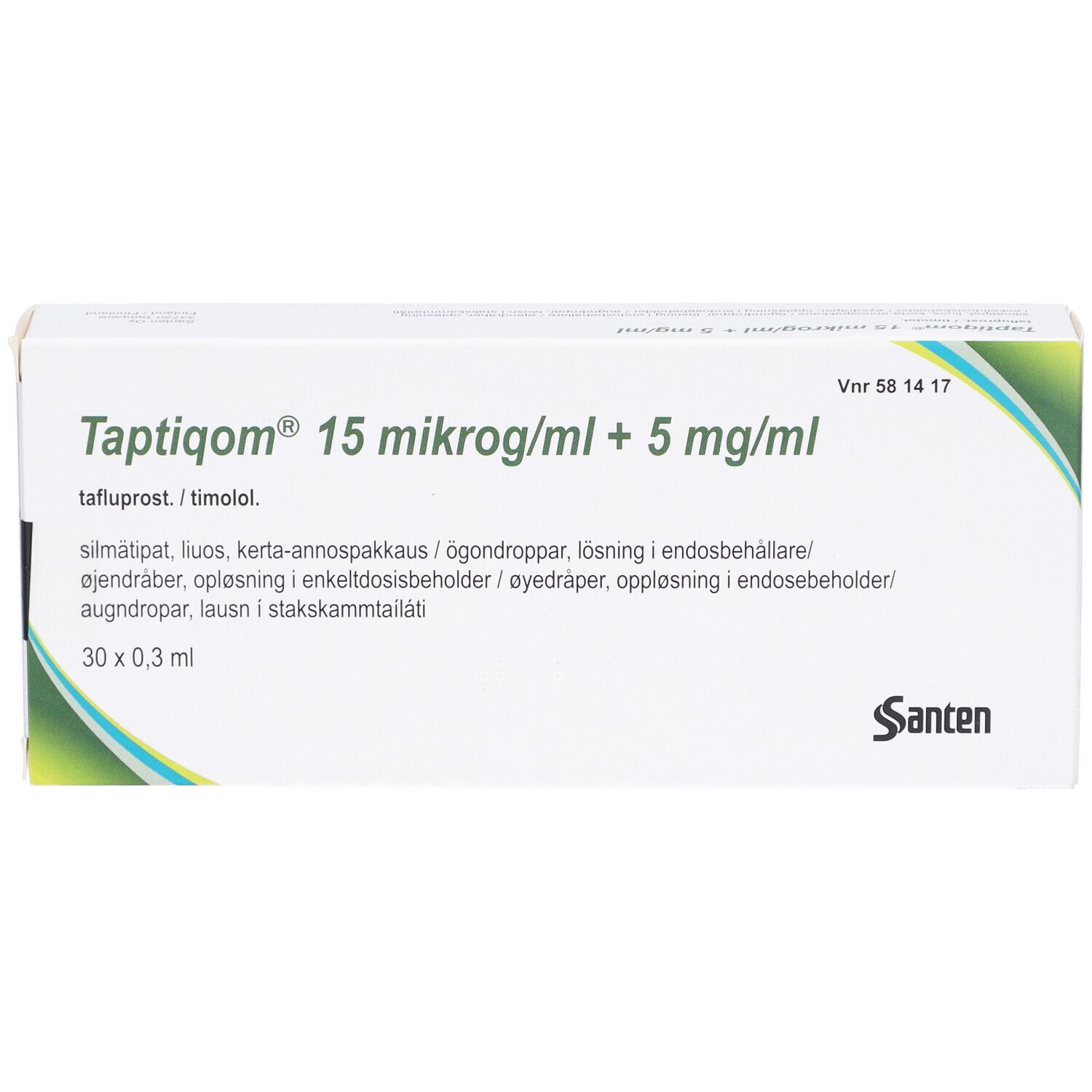 Verpackung von Taptiqom Augentropfen. Enthält 30 x 0,3 ml. Aufschrift: 15 mikrog/ml + 5 mg/ml. Marke: Santen.