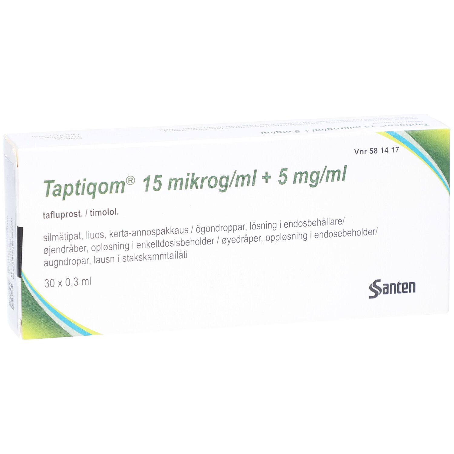 Verpackung von Taptiqom Augentropfen. Enthält 30 x 0,3 ml. Aufschrift: 15 mikrog/ml + 5 mg/ml. Marke: Santen.