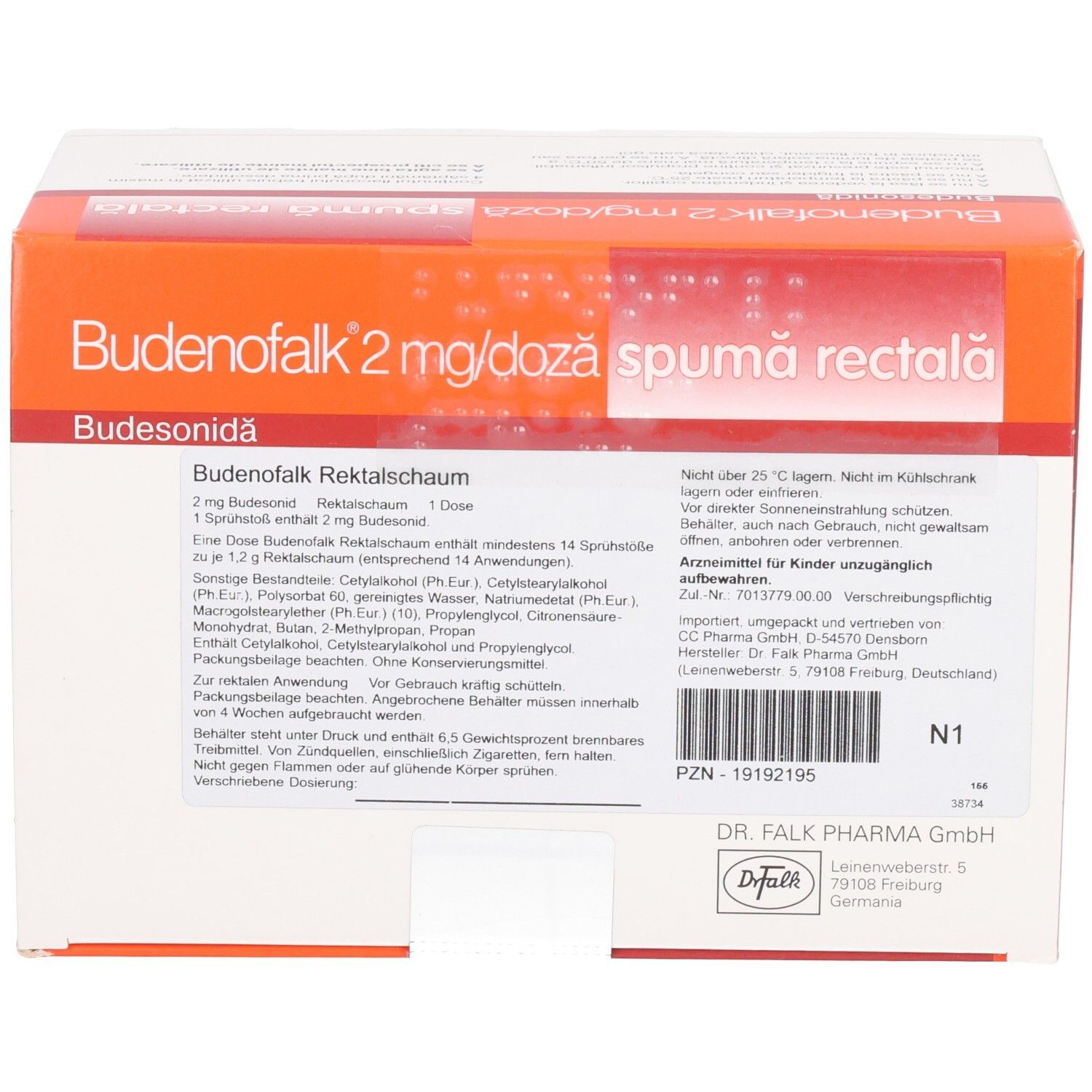Verpackung mit Produktinformationen. Text: Budenofalk 2 mg/Dosis, Budesonidă. Enthält 14 Sprühstöße. Hersteller: Dr. Falk Pharma GmbH.