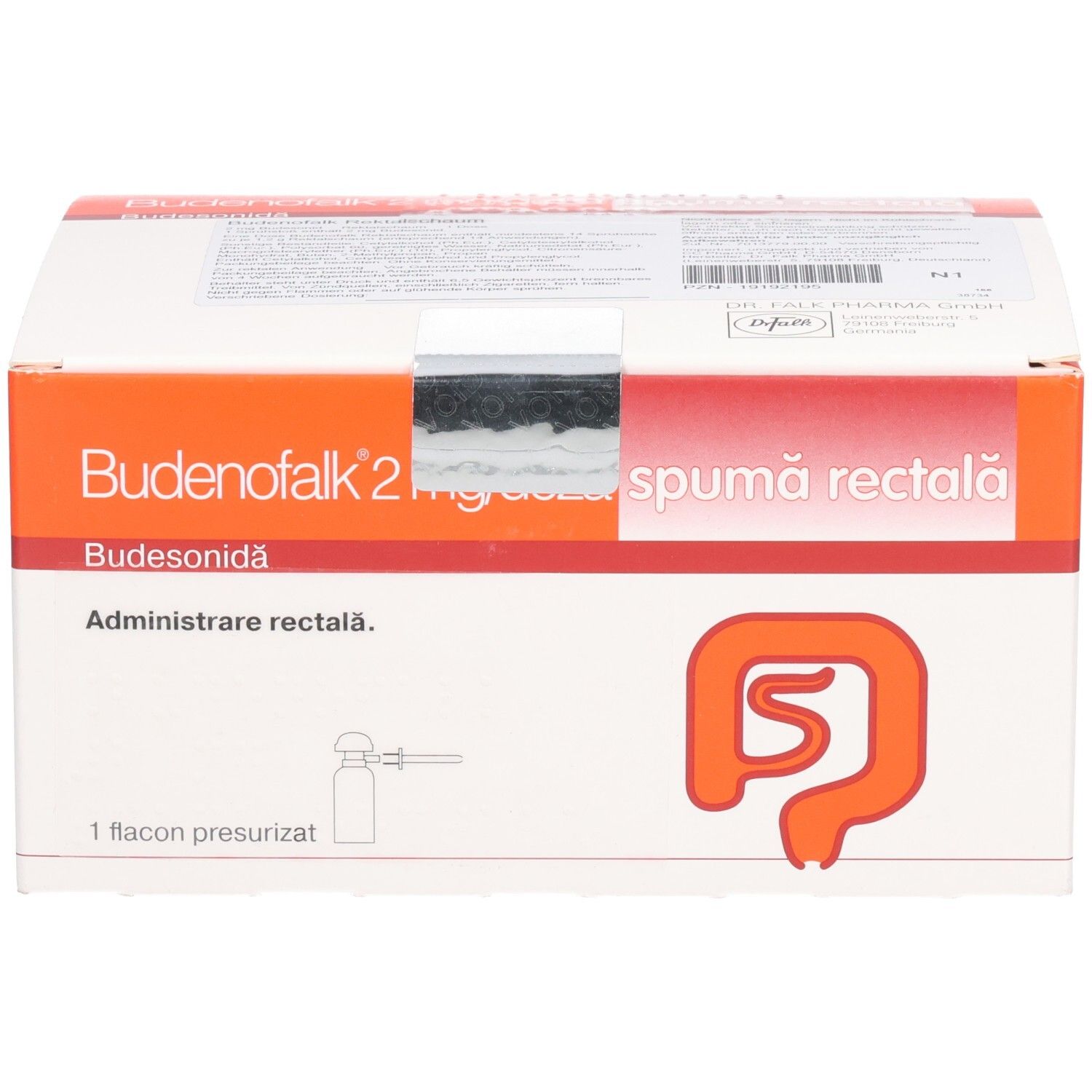 Weiße Verpackung mit orangefarbenem Streifen. Text: Budenofalk 2 mg/Dosis, Budesonidă. Enthält eine Flasche. Hersteller: Dr. Falk Pharma GmbH.