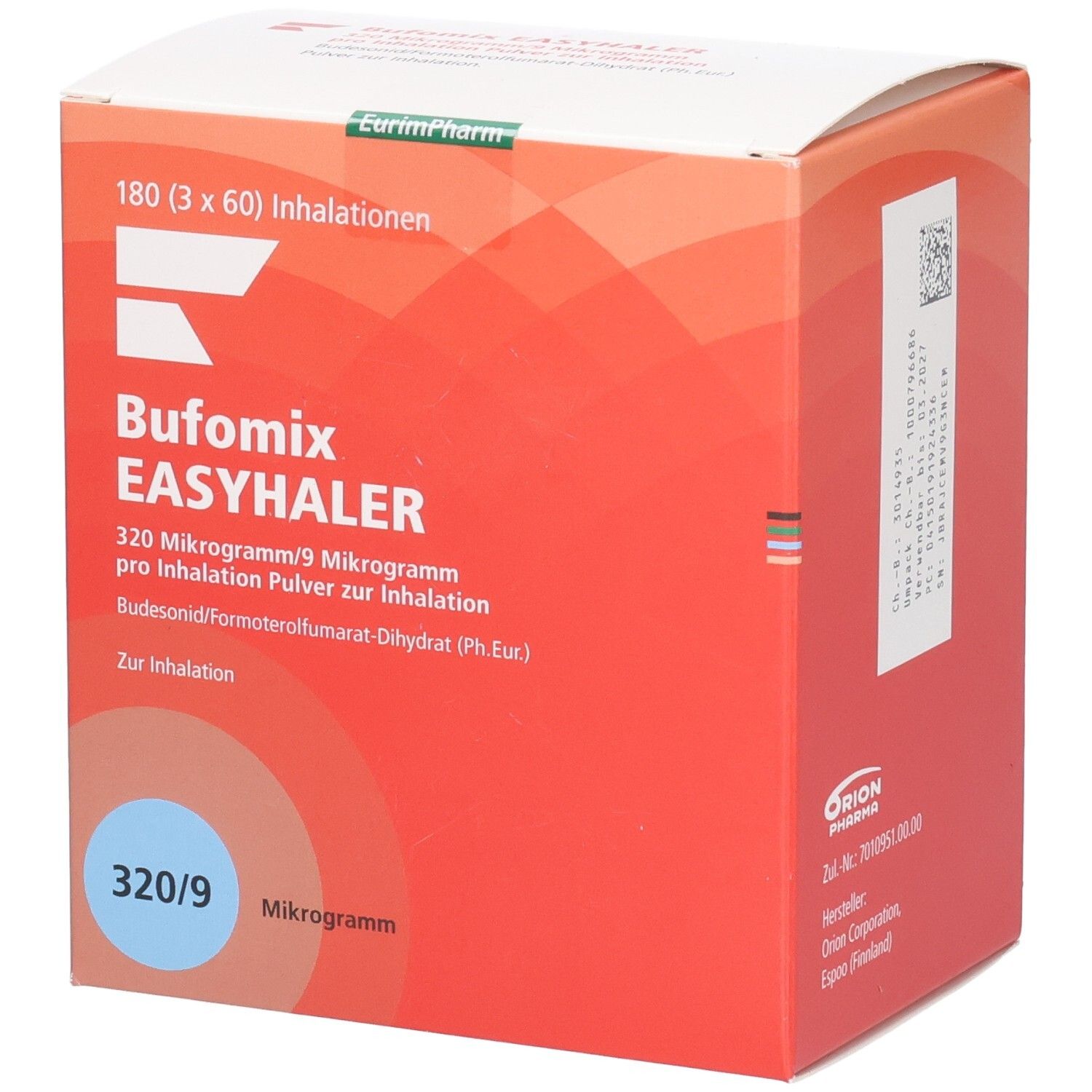 Karton BUFOMIX Easyhaler. Rote und weiße Farben. Text: 320/9 Mikrogramm, 180 Inhalationen. Orion Pharma Logo.