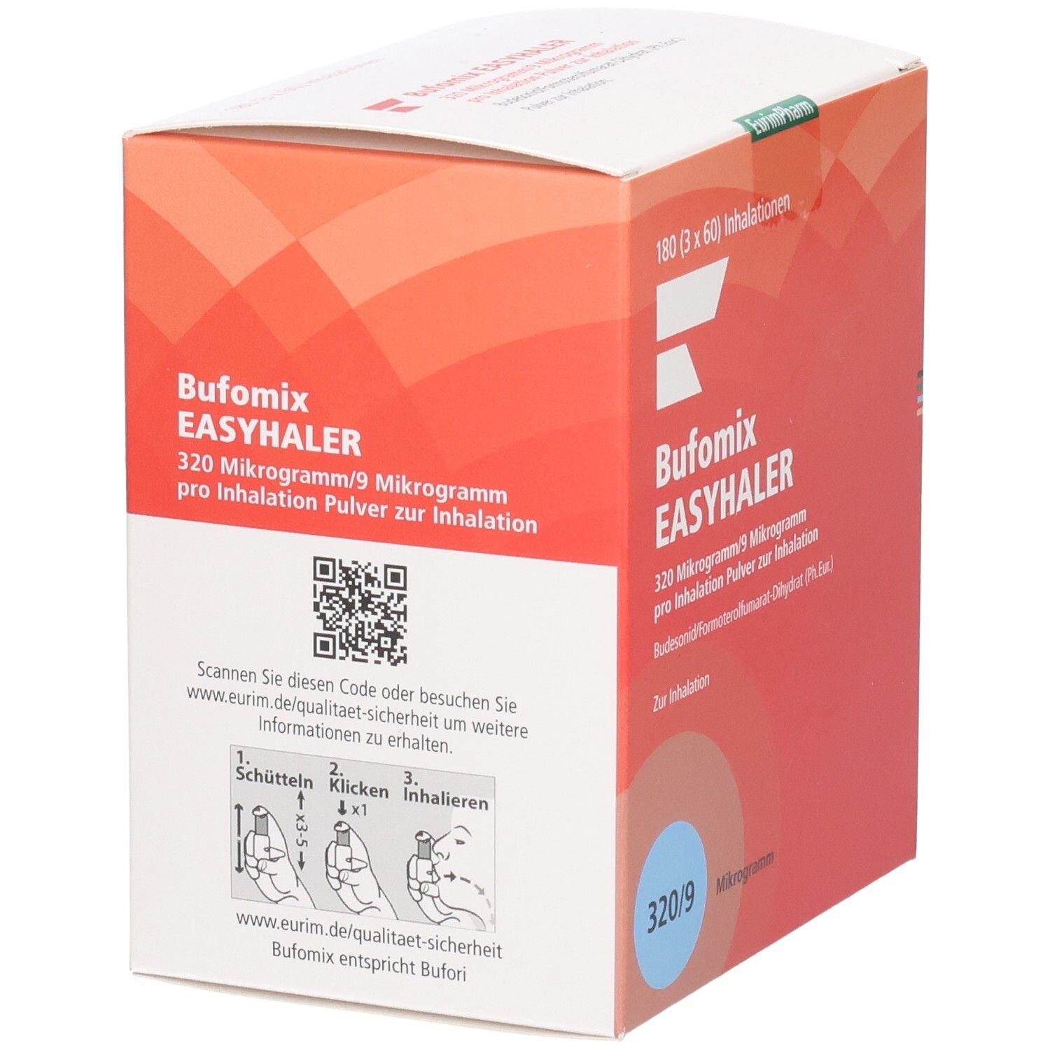Karton BUFOMIX Easyhaler. Rückseite mit QR-Code und Gebrauchsanweisung. Text: 320/9 Mikrogramm.