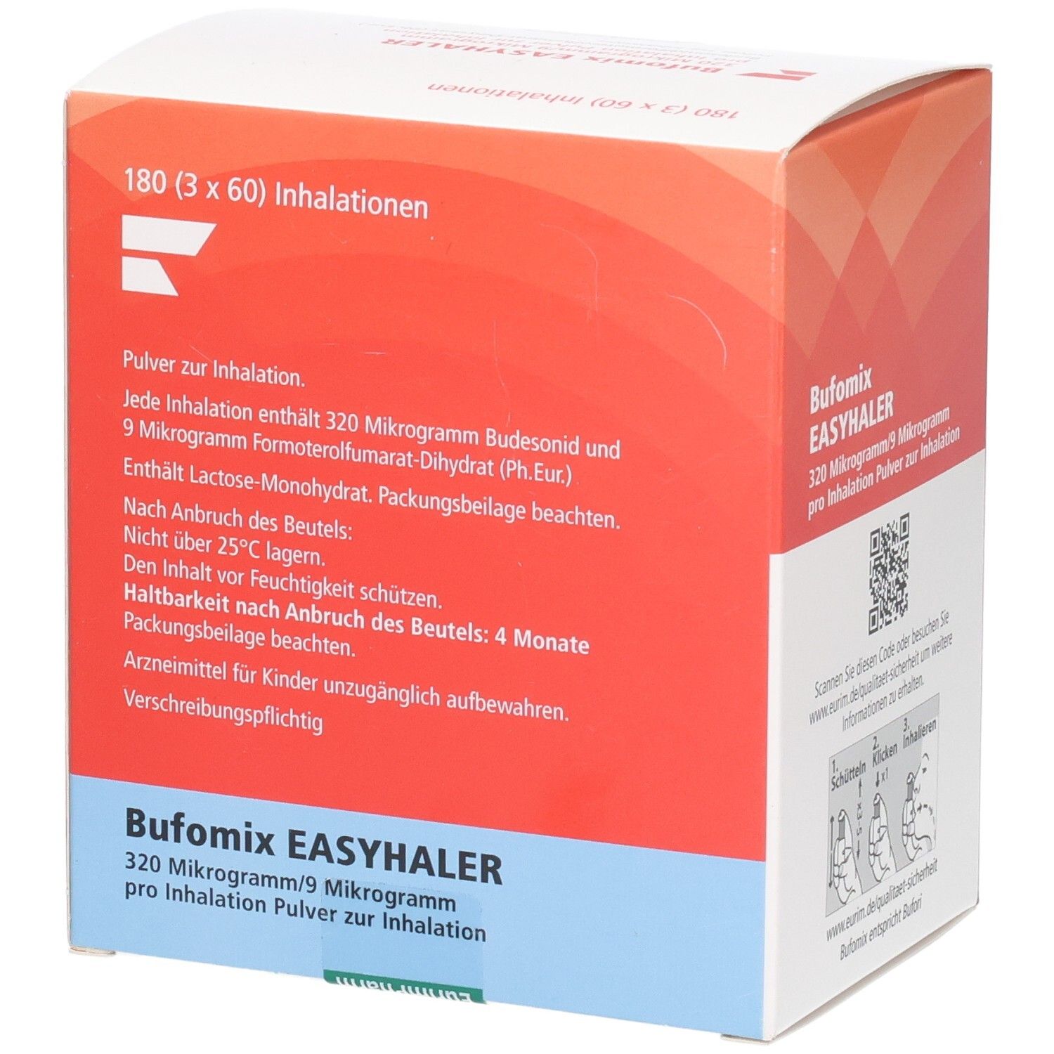 Karton BUFOMIX Easyhaler. Text auf der Rückseite: Dosierung, Lagerung, Inhaltsstoffe. Text: 320/9 Mikrogramm.