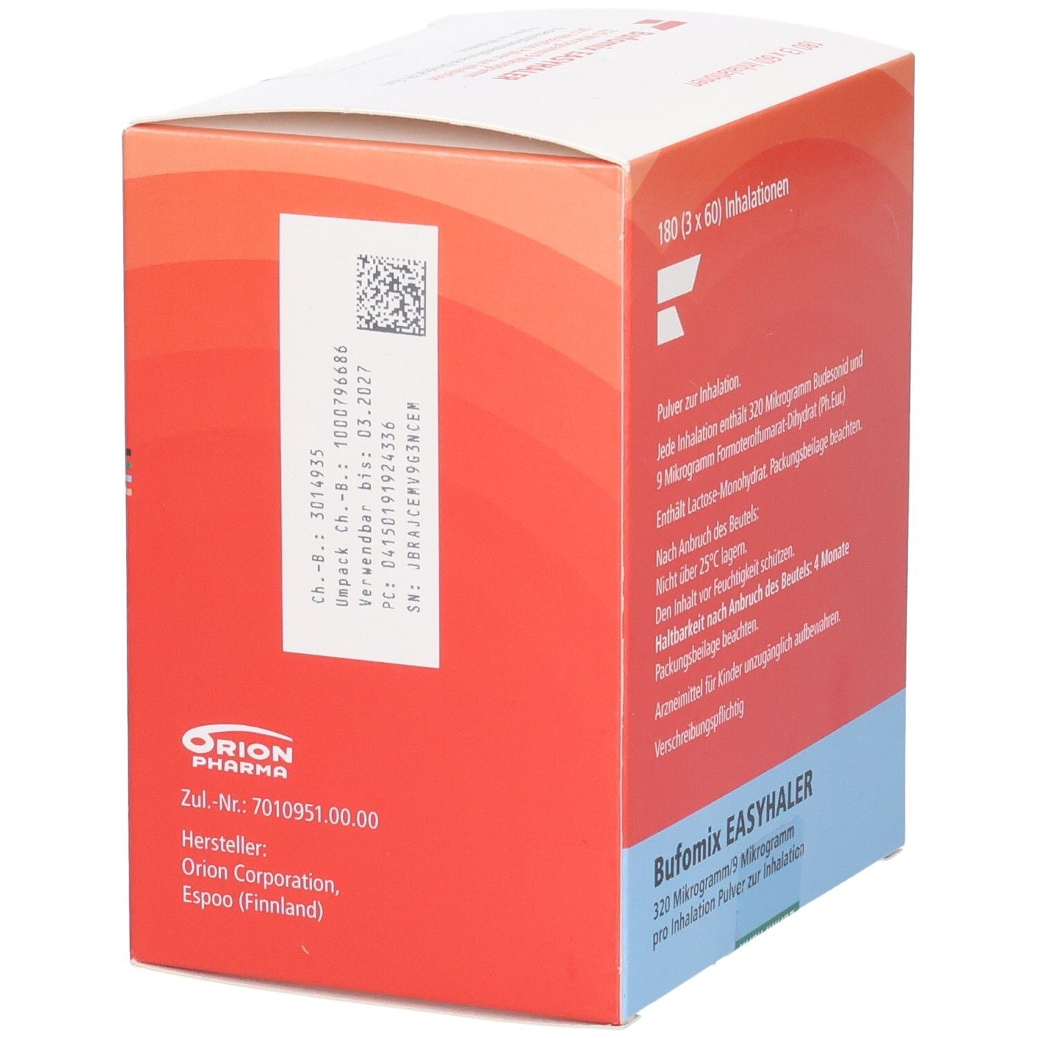 Karton BUFOMIX Easyhaler. Rückseite mit Chargennummer, Herstellerinformationen. Text: 320/9 Mikrogramm.