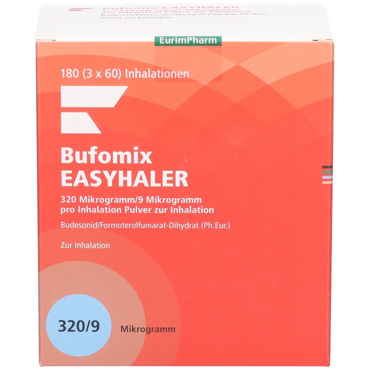 Karton BUFOMIX Easyhaler. Vorderseite mit Produktnamen, Dosierung. Text: 320/9 Mikrogramm, 180 Inhalationen.