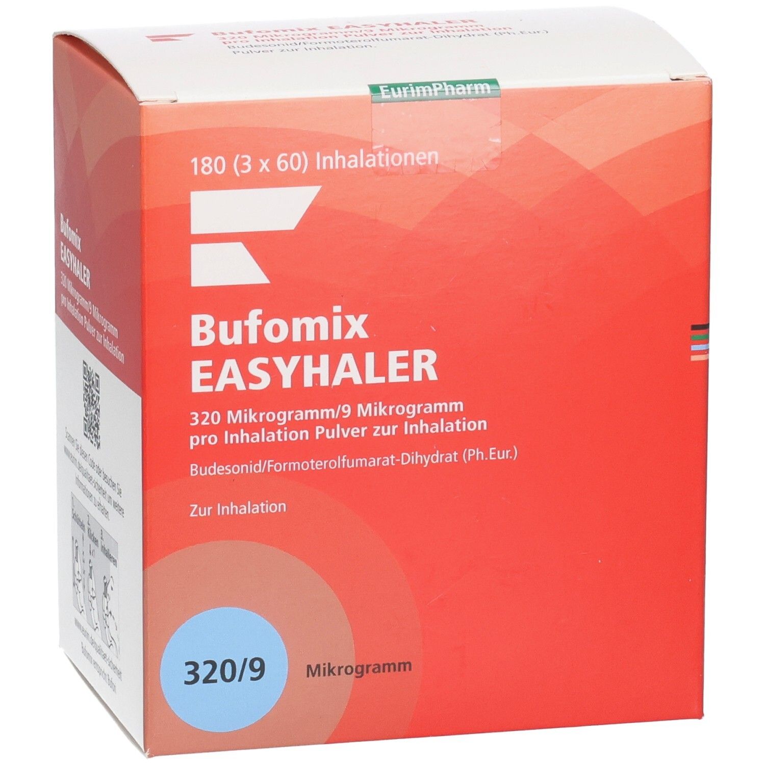 Karton BUFOMIX Easyhaler. Vorderseite mit Produktnamen, Dosierung. Text: 320/9 Mikrogramm, 180 Inhalationen.
