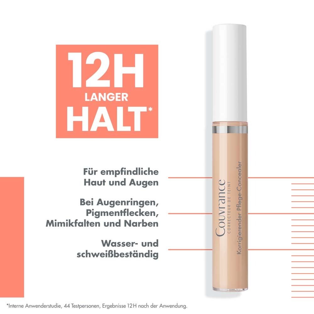 Concealer-Tube mit Applikator. Text: 12H langer Halt. Für empfindliche Haut und Augen.
