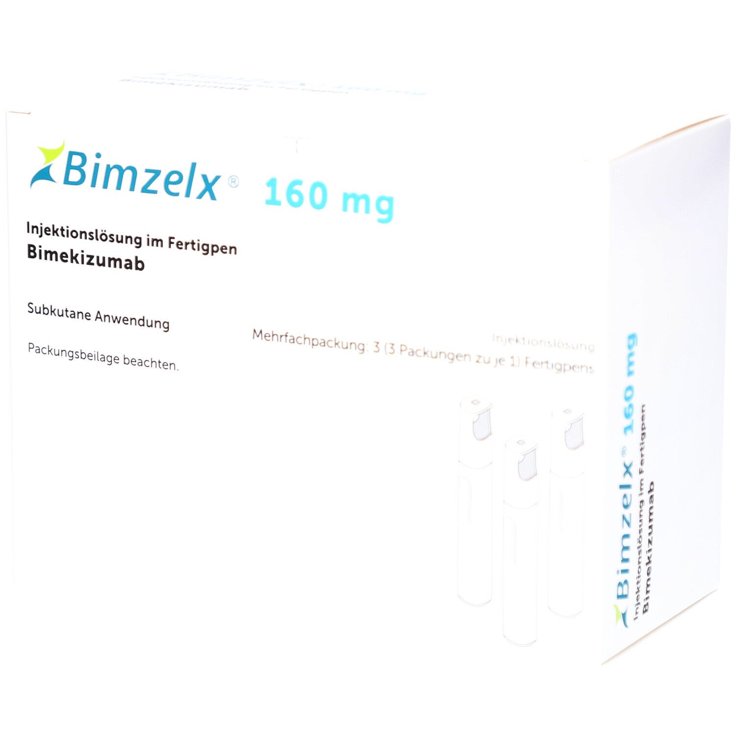 Weiße Verpackung mit Produktnamen und Dosierung. Mehrfachpackung mit Fertigpens.