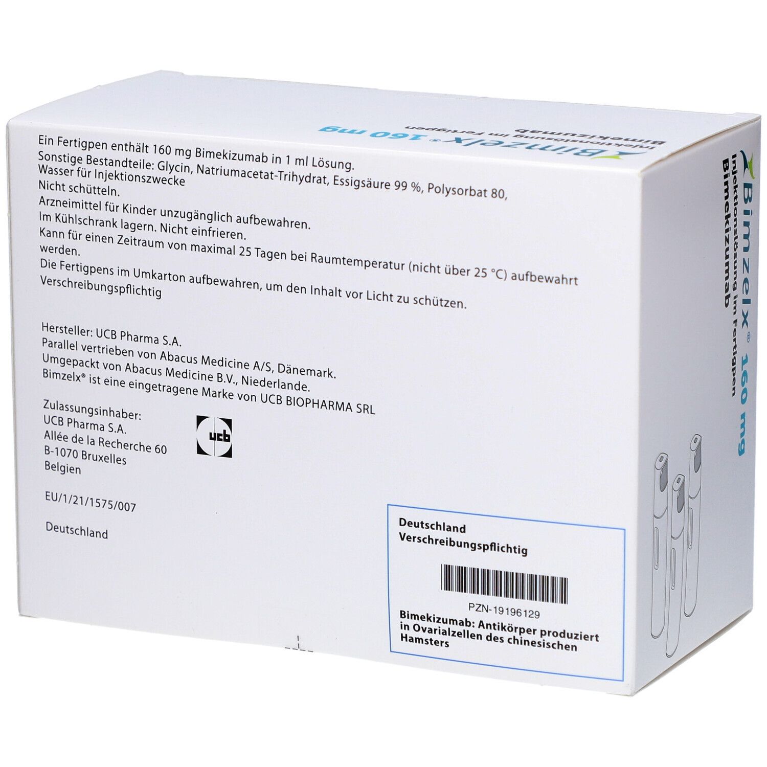 Weiße Verpackung, Rückseite mit Text. Enthält Informationen zu Inhaltsstoffen und Hersteller.