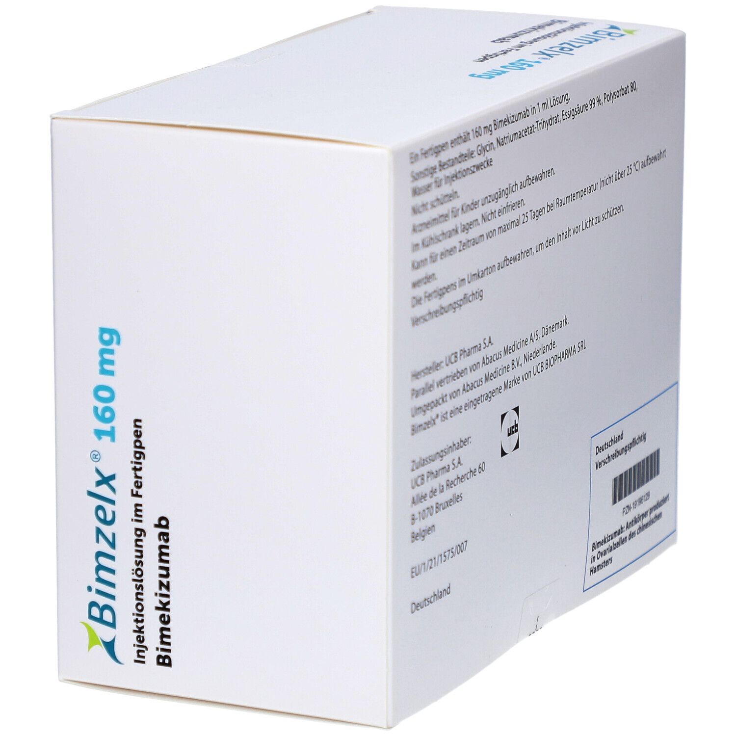 Weiße Verpackung, Produktname und Dosierung. Enthält Informationen zu Inhaltsstoffen und Hersteller.