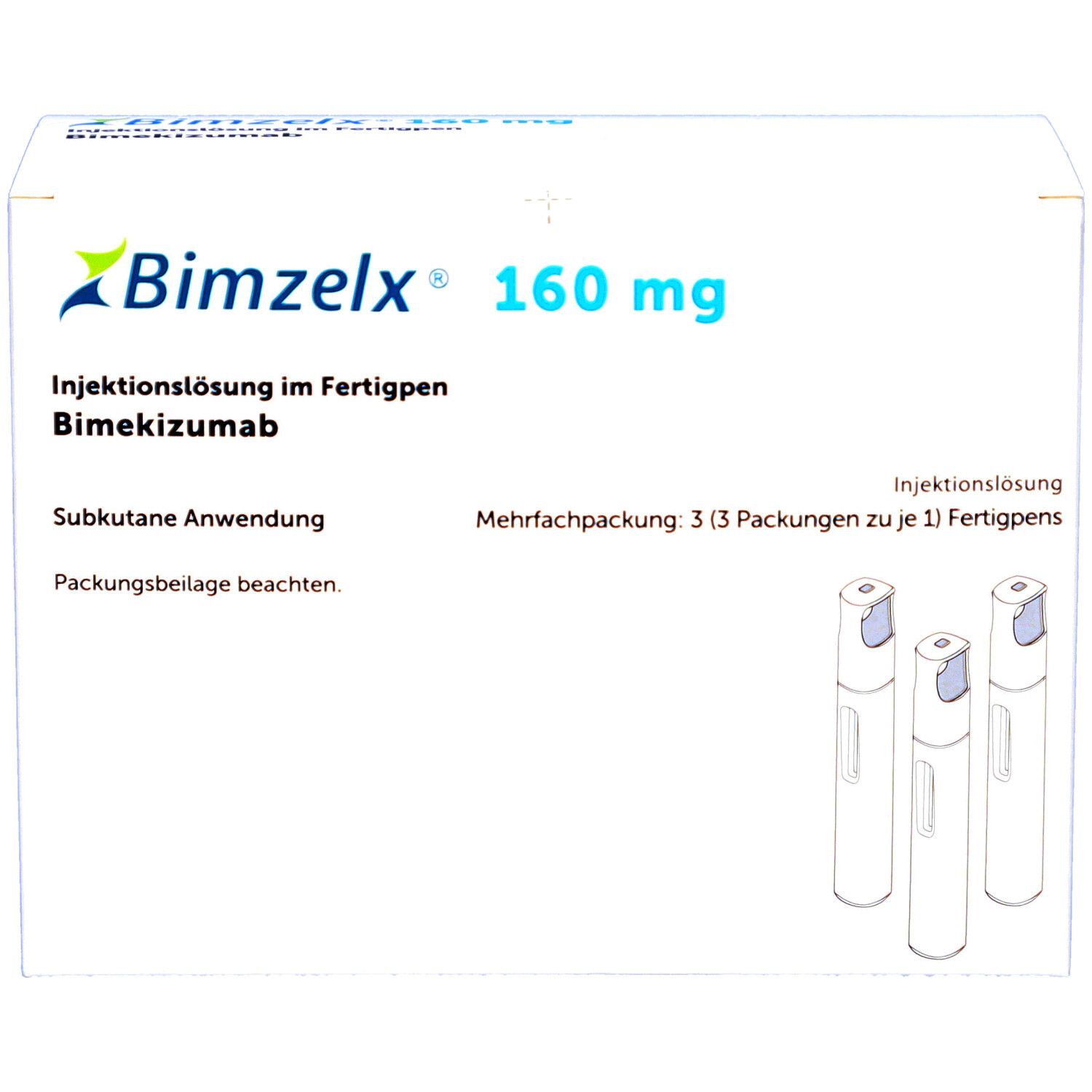 Weiße Verpackung mit Produktnamen und Dosierung. Mehrfachpackung mit Fertigpens.