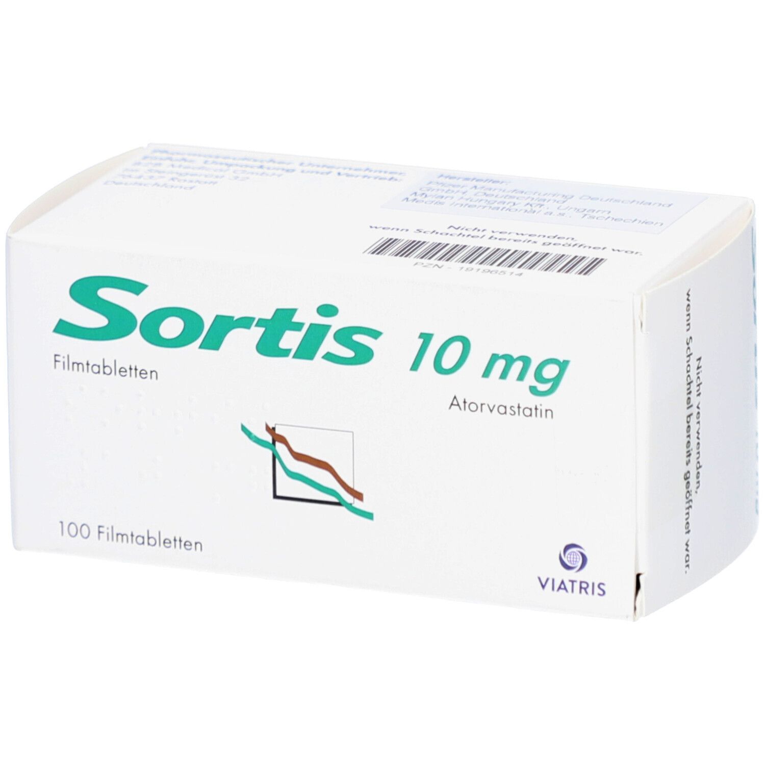 Weiße Schachtel mit SORTIS 10 mg Filmtabletten. Aufschrift: 100 Filmtabletten, Atorvastatin. Logo und Schriftzug Viatris.
