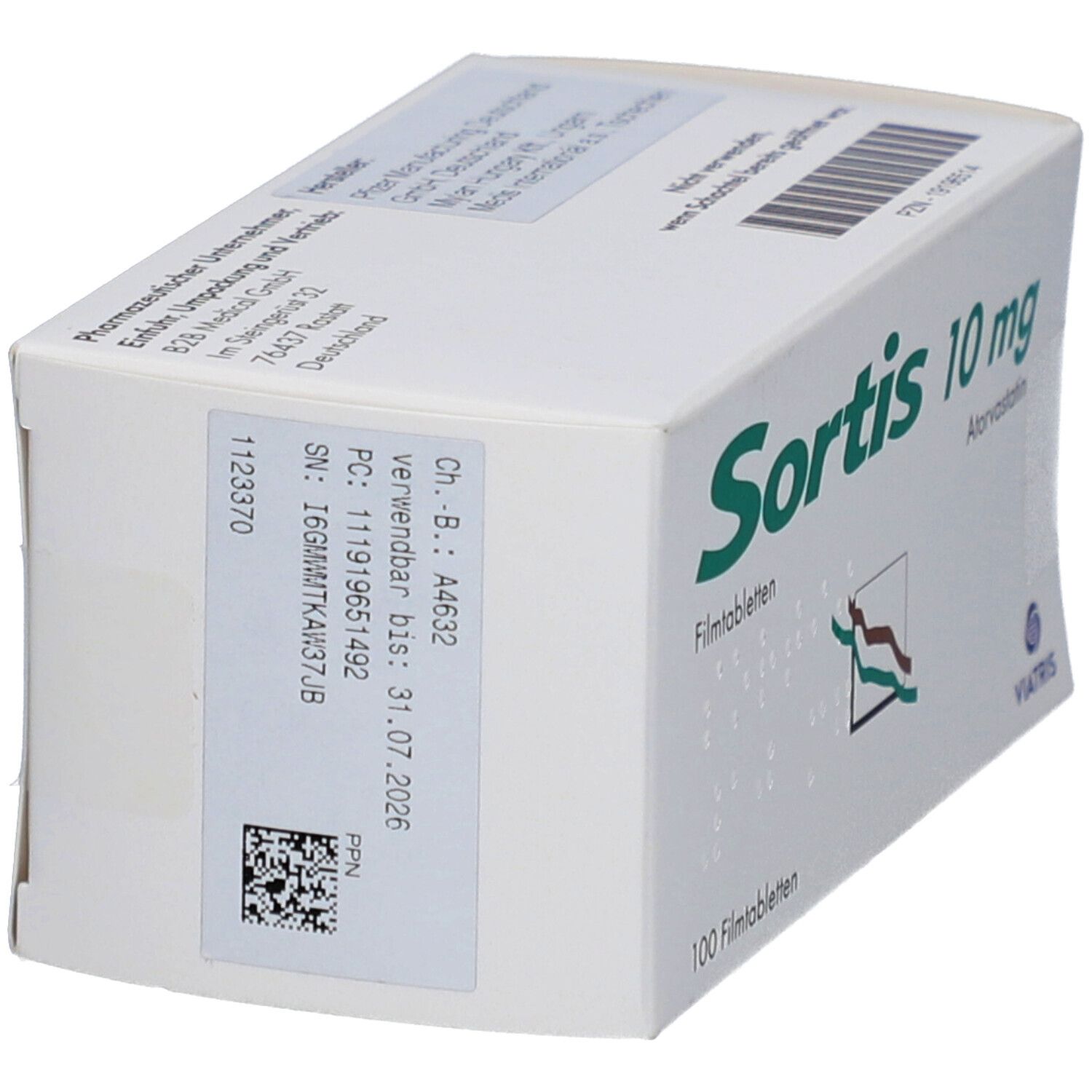 Weiße Schachtel SORTIS 10 mg. Aufschrift: 100 Filmtabletten, Atorvastatin. Seitenansicht mit Chargennummer und Verfallsdatum.