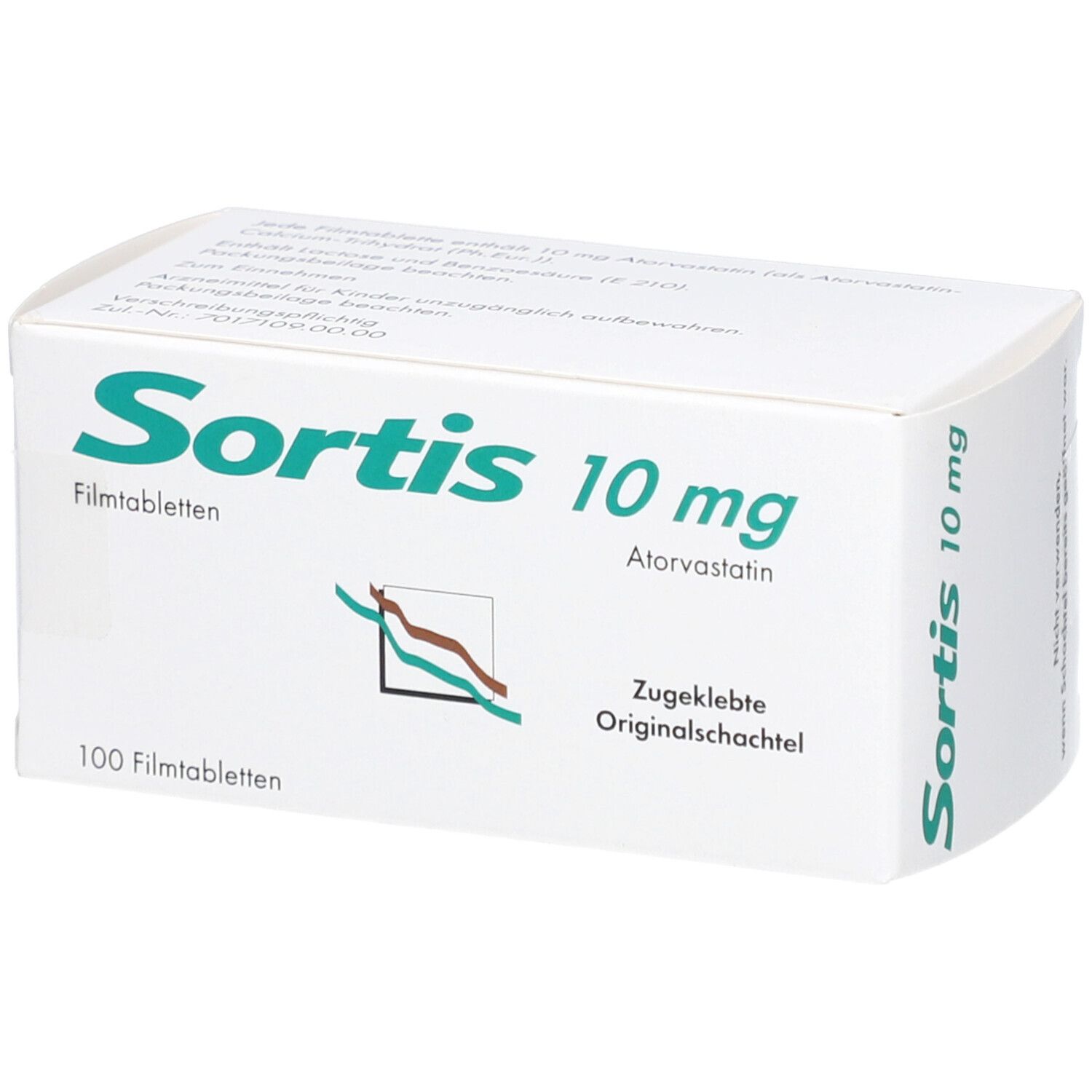 Weiße Schachtel SORTIS 10 mg Filmtabletten. Aufschrift: 100 Filmtabletten, Atorvastatin. Zugeklebte Originalschachtel.