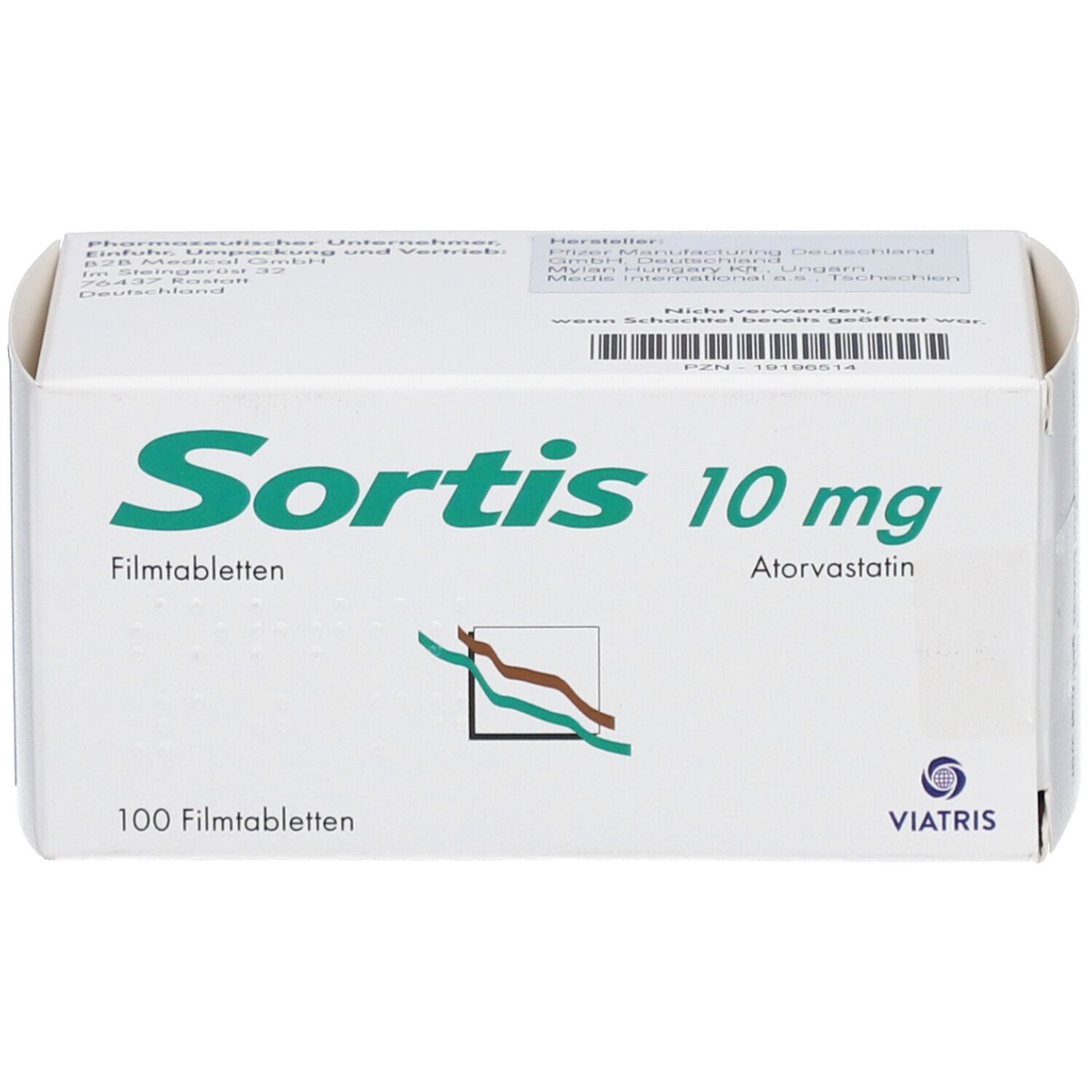 Weiße Schachtel SORTIS 10 mg Filmtabletten. Aufschrift: 100 Filmtabletten, Atorvastatin. Logo und Schriftzug Viatris.