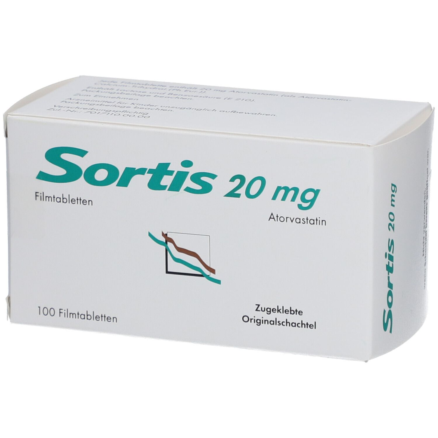 Weiße Schachtel mit Aufschrift Sortis 20 mg Filmtabletten. Enthält 100 Tabletten. Atorvastatin. Zugeliebte Originalschachtel.