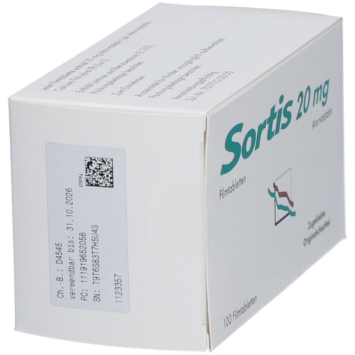Schachtel Sortis 20 mg, teilweise sichtbar. Aufdruck: Sortis 20 mg, Atorvastatin, Filmtabletten. Enthält 100 Tabletten. Barcode und weitere Informationen.