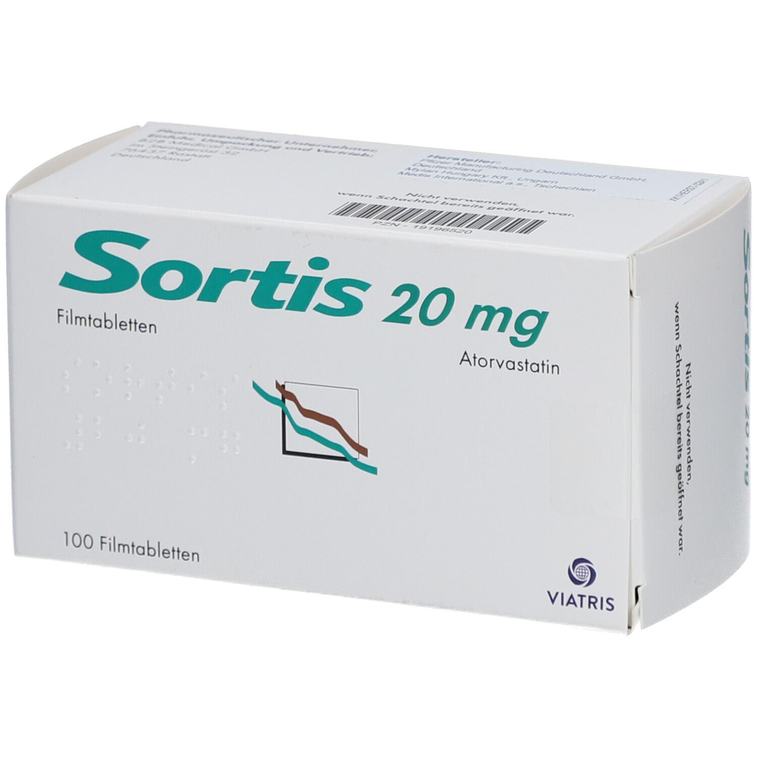 Schachtel Sortis 20 mg, teilweise sichtbar. Aufdruck: Sortis 20 mg, Atorvastatin, Filmtabletten. Enthält 100 Tabletten. Viatris Logo.
