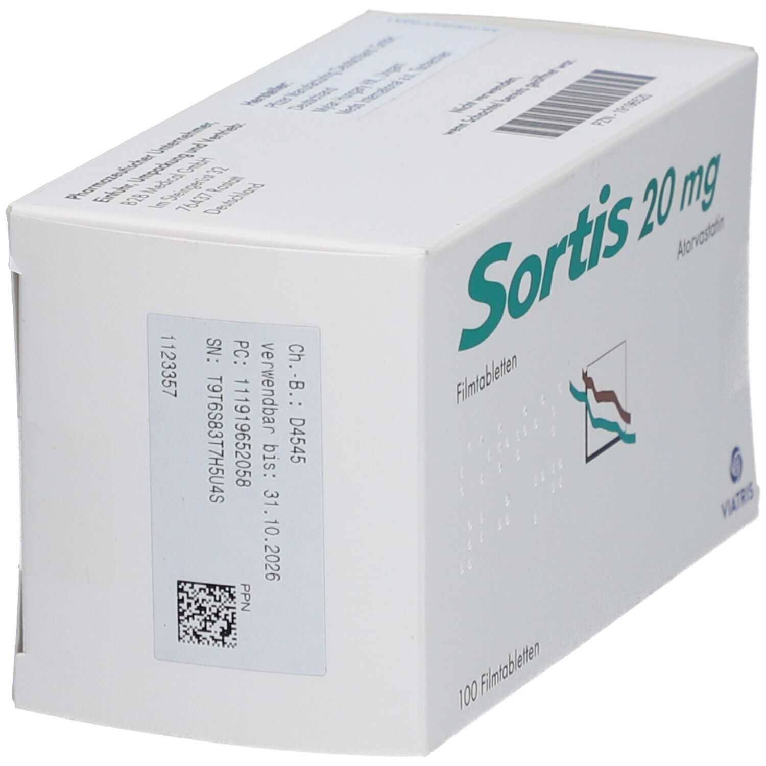 Schachtel Sortis 20 mg, teilweise sichtbar. Aufdruck: Sortis 20 mg, Atorvastatin, Filmtabletten. Enthält 100 Tabletten. Viatris Logo.