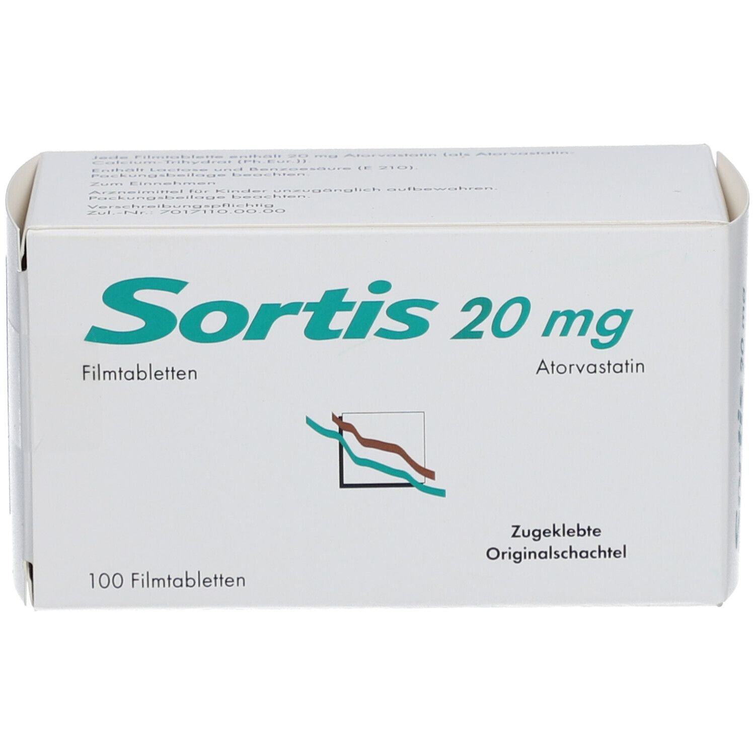 Weiße Schachtel mit Aufschrift Sortis 20 mg Filmtabletten. Enthält 100 Tabletten. Atorvastatin. Zugeliebte Originalschachtel.