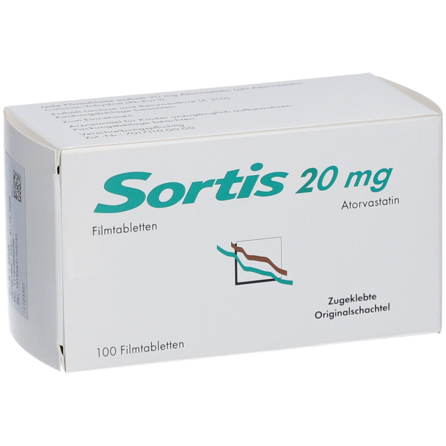 Weiße Schachtel mit Aufschrift Sortis 20 mg Filmtabletten. Enthält 100 Tabletten. Atorvastatin. Zugeliebte Originalschachtel.