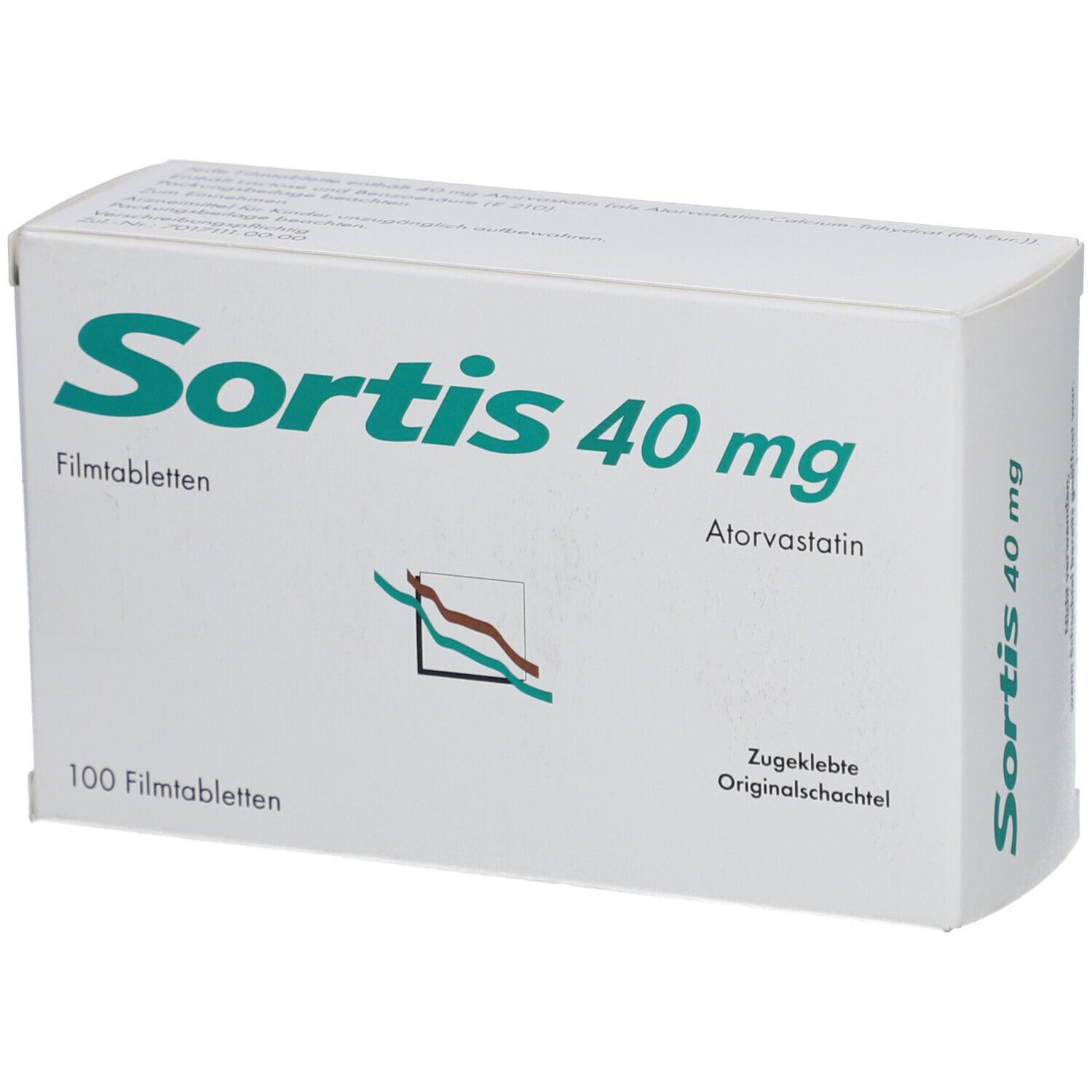 Weiße Schachtel mit grüner Schrift. Aufschrift: Sortis 40 mg, Filmtabletten, 100 Filmtabletten. Atorvastatin.