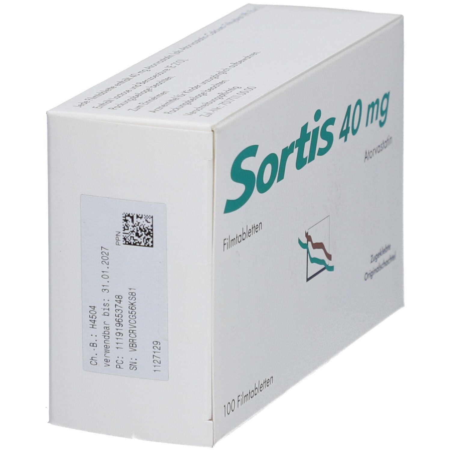Schachtel mit grüner Schrift. Aufschrift: Sortis 40 mg, Filmtabletten, 100 Filmtabletten. Atorvastatin. Etikett mit Barcode.