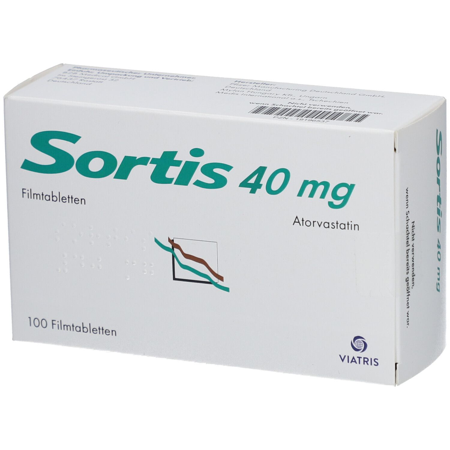Weiße Schachtel mit grüner Schrift. Aufschrift: Sortis 40 mg, Filmtabletten, 100 Filmtabletten. Atorvastatin. Viatris Logo.