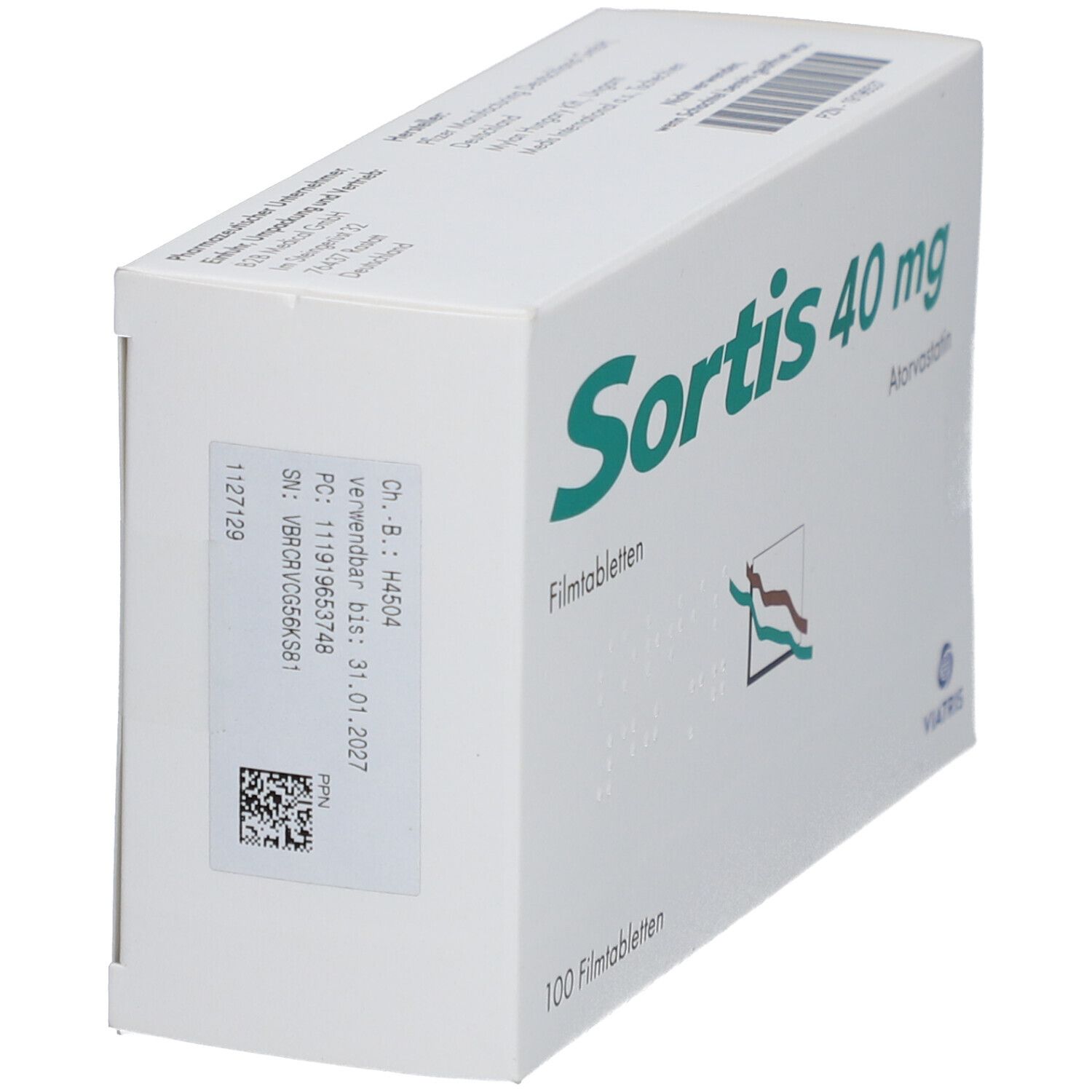 Schachtel mit grüner Schrift. Aufschrift: Sortis 40 mg, Filmtabletten, 100 Filmtabletten. Atorvastatin. Etikett mit Barcode.