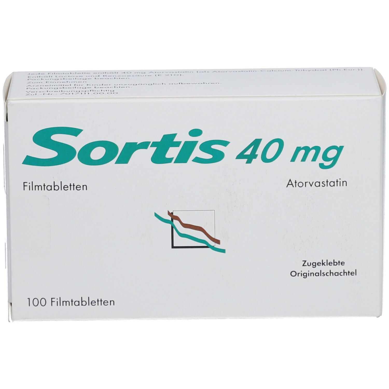Weiße Schachtel mit grüner Schrift. Aufschrift: Sortis 40 mg, Filmtabletten, 100 Filmtabletten. Atorvastatin.