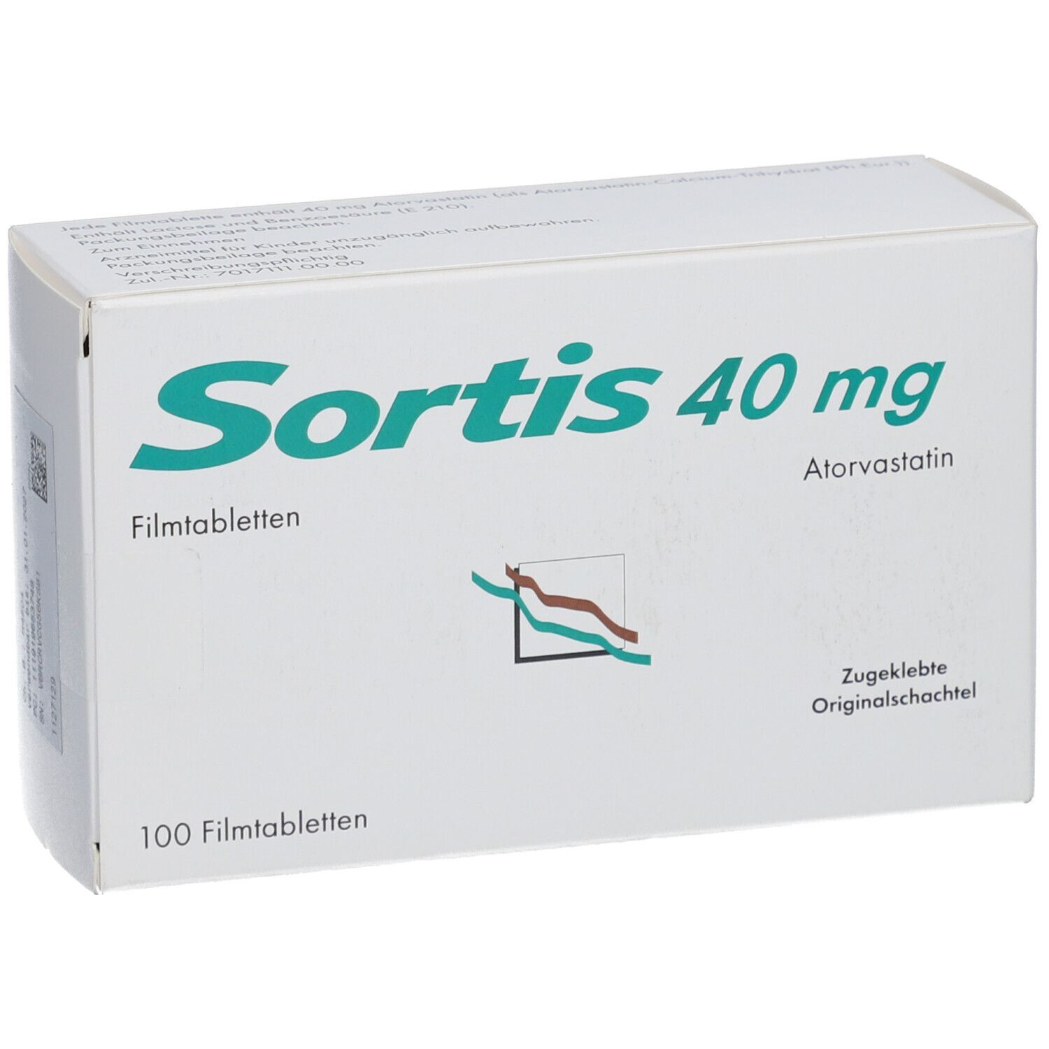Weiße Schachtel mit grüner Schrift. Aufschrift: Sortis 40 mg, Filmtabletten, 100 Filmtabletten. Atorvastatin.