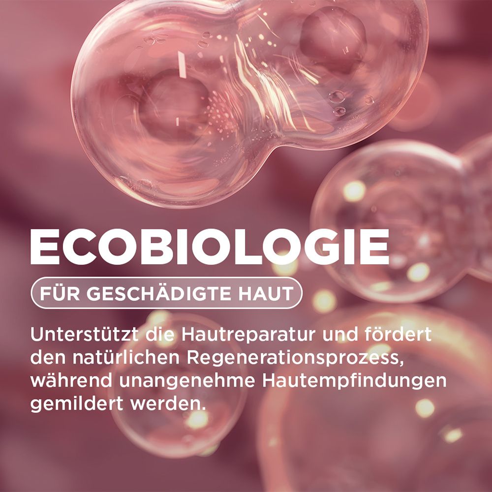 Abstrakte Darstellung von Hautzellen, Text: ECOBIOLOGIE FÜR GESCHÄDIGTE HAUT.