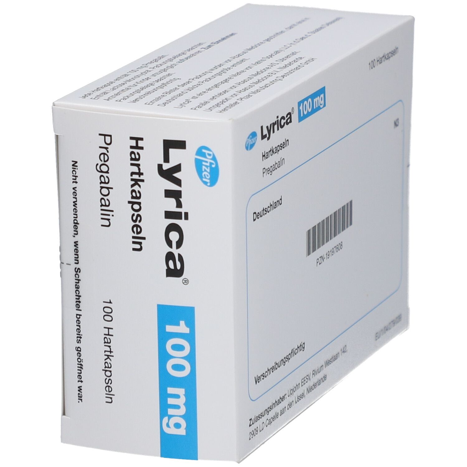Schräg stehende weiße Faltschachtel. Aufschrift: Lyrica 100 mg Hartkapseln Pregabalin. 100 Hartkapseln. Pfizer Logo. Barcode und weitere Informationen.