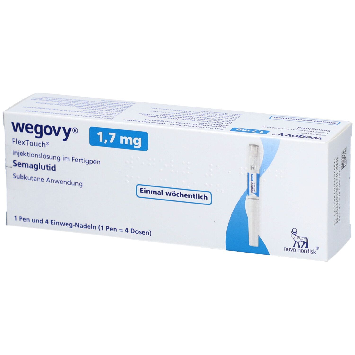 Weiße Verpackung mit blauen Akzenten. Aufschrift: Wegovy 1,7 mg, FlexTouch, Injektionslösung, Semaglutid. Enthält einen Pen und 4 Nadeln.
