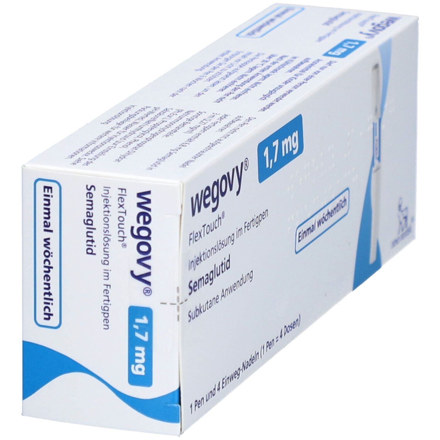 Schräg gestellte weiße Verpackung mit blauen Akzenten. Aufschrift: Wegovy 1,7 mg, FlexTouch, Injektionslösung, Semaglutid.  'Einmal wöchentlich'.