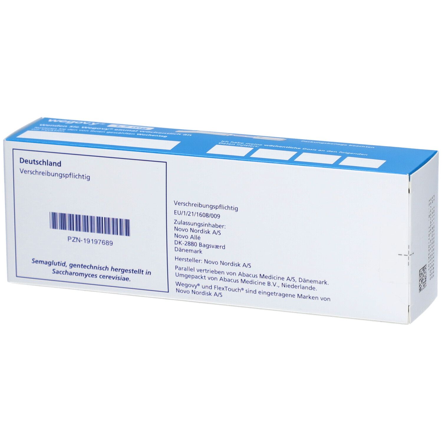 Rückseite der weißen Verpackung. Text: Verschreibungspflichtig, PZN-19197689. Informationen zu Hersteller und Zulassung. Barcode.