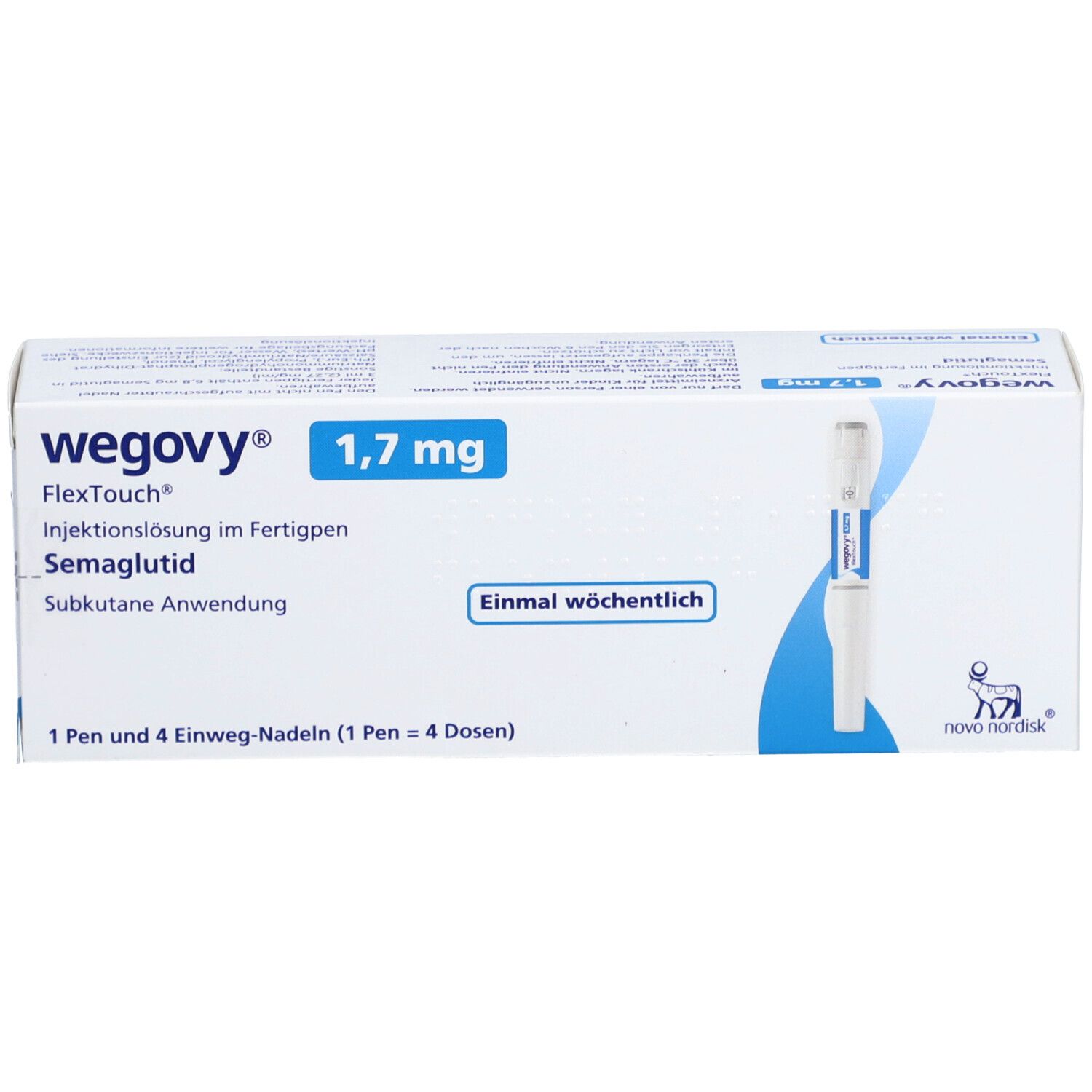 Weiße Verpackung mit blauen Akzenten. Aufschrift: Wegovy 1,7 mg, FlexTouch, Injektionslösung, Semaglutid. Enthält einen Pen und 4 Nadeln. Pen abgebildet.