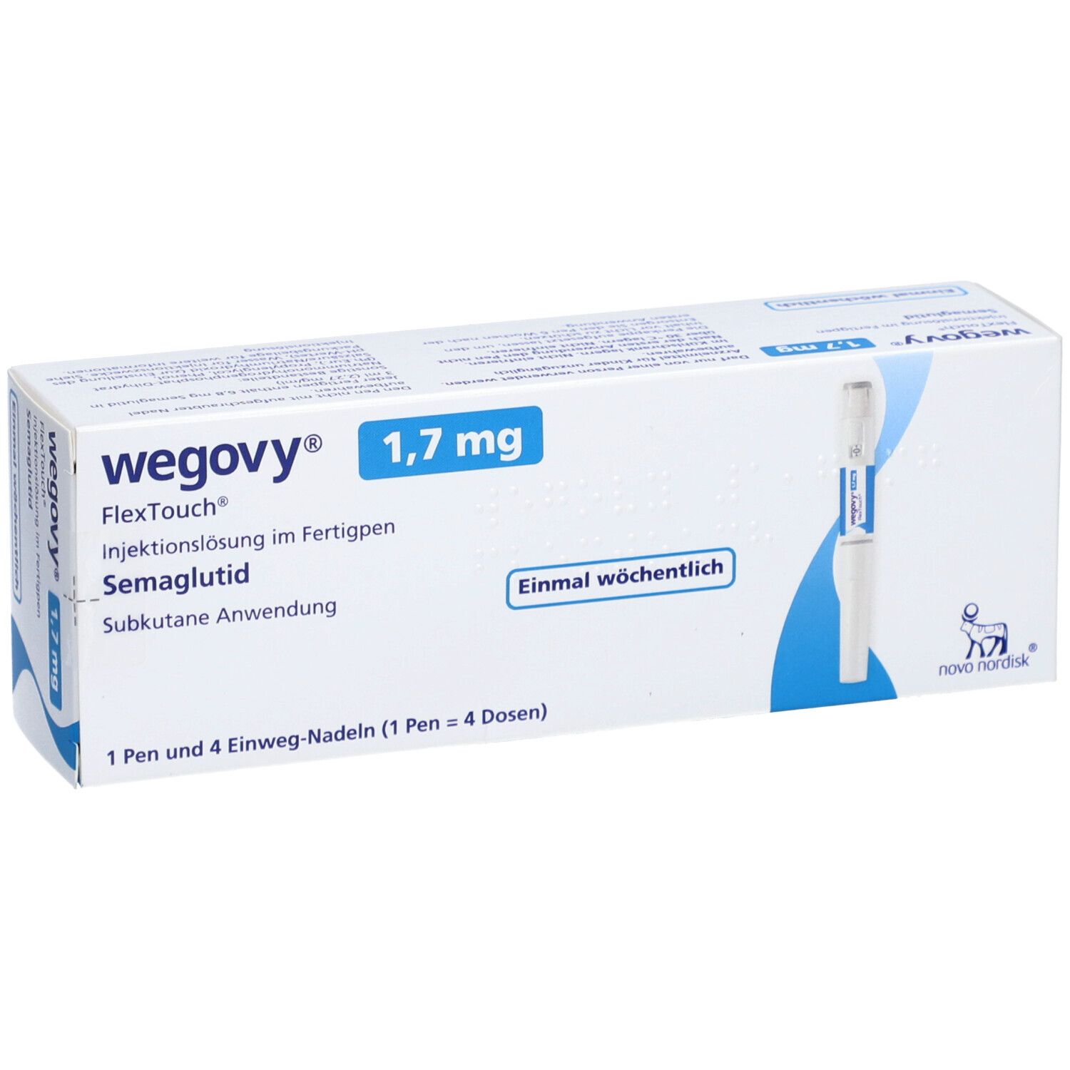 Weiße Verpackung mit blauen Akzenten. Aufschrift: Wegovy 1,7 mg, FlexTouch, Injektionslösung, Semaglutid. Enthält einen Pen und 4 Nadeln. Pen abgebildet.