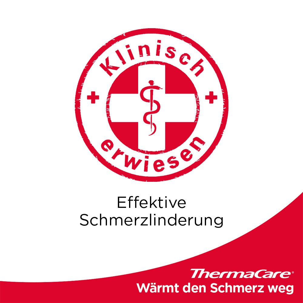 Rotes Siegel: Klinisch erwiesen. Weißes Kreuz mit Äskulapstab. Text: Effektive Schmerzlinderung. Logo: ThermaCare.