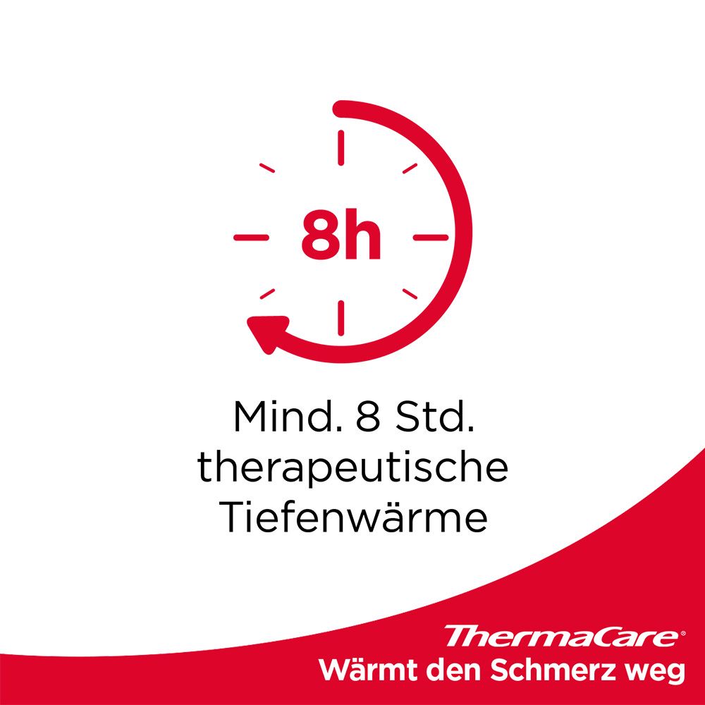 Roter Kreis mit Uhrsymbol und Text: Mind. 8 Std. therapeutische Tiefenwärme. Logo: ThermaCare. Wärmt den Schmerz weg.