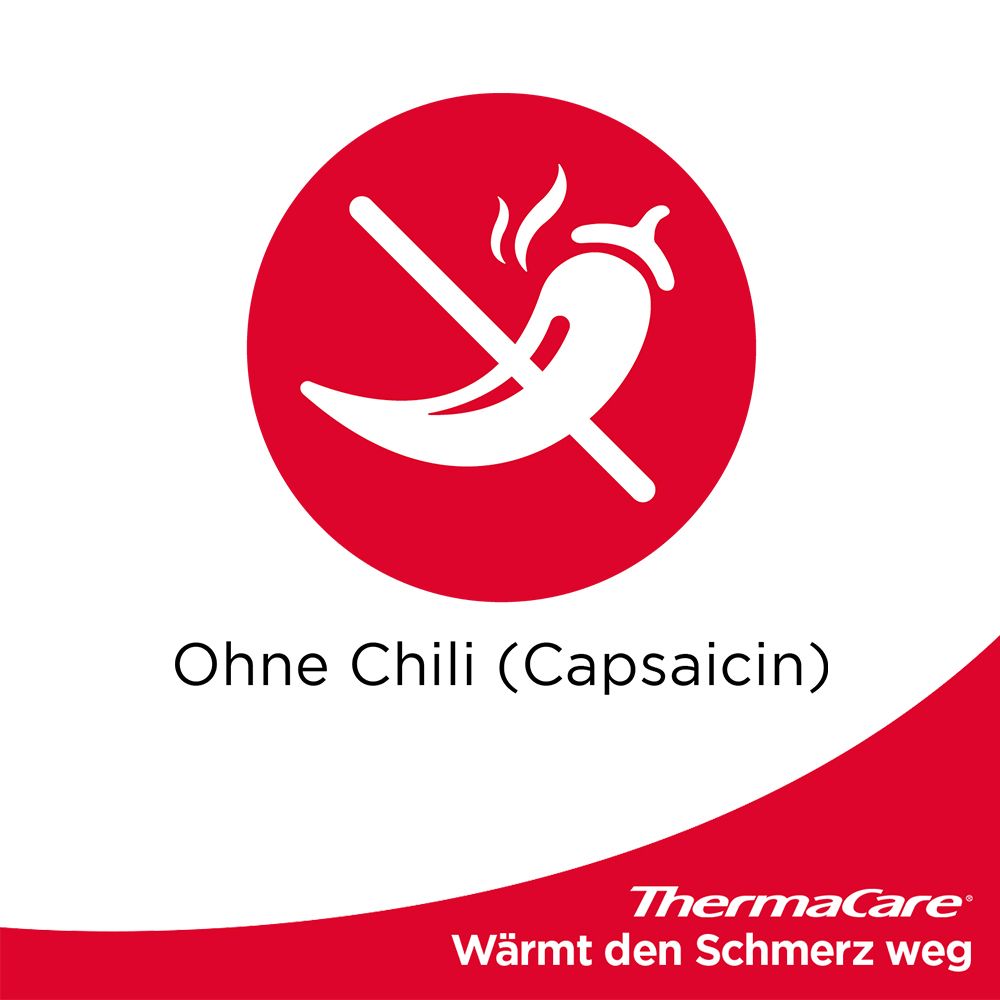 Roter Kreis mit durchgestrichener Chili-Schote. Text: Ohne Chili (Capsaicin). Logo: ThermaCare. Wärmt den Schmerz weg.
